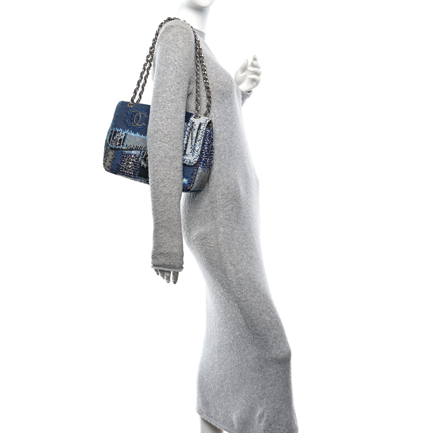 Denim Tweed Patchwork Jumbo Single Flap Blue