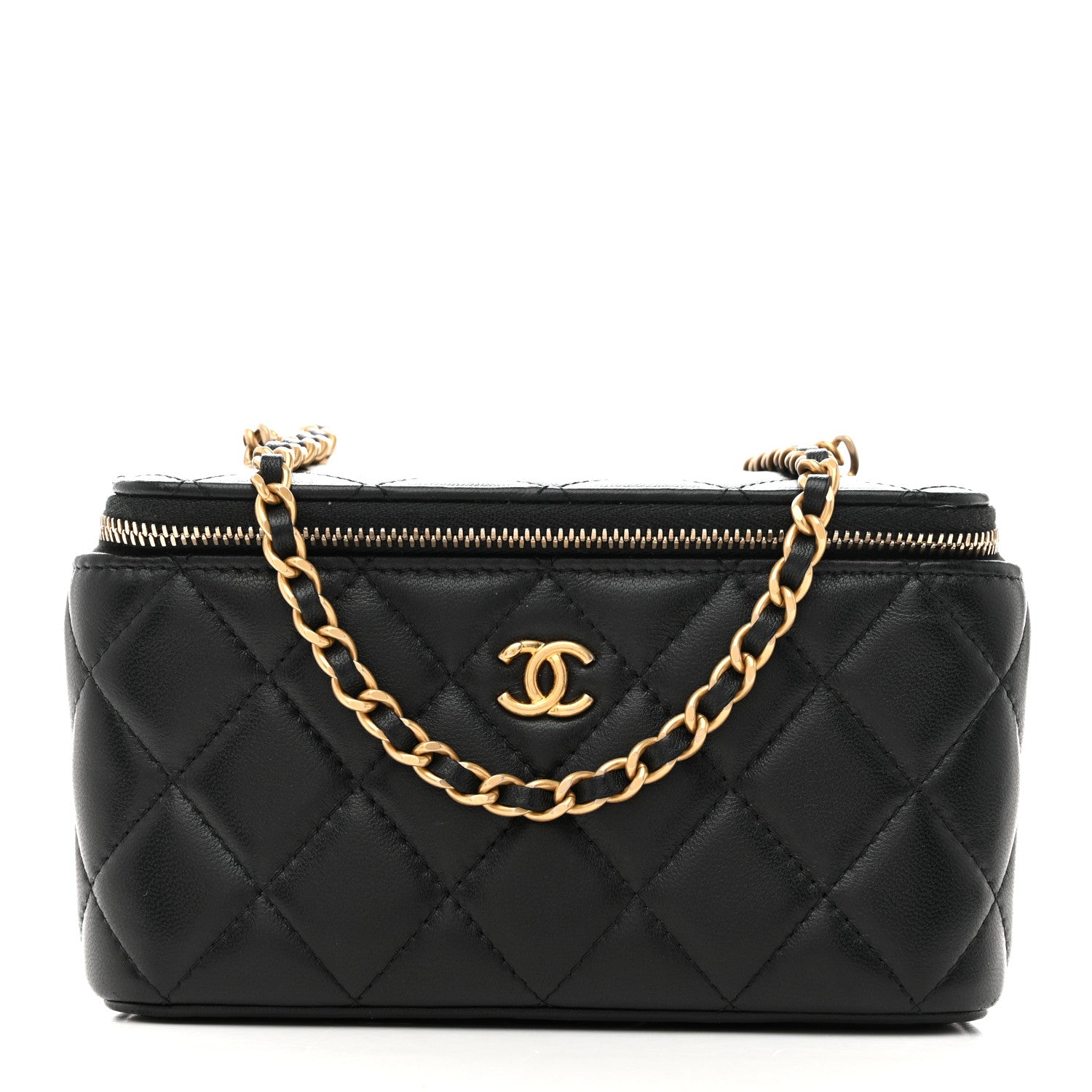 Lambskin Quilted Pearl Crush Small Vanity Case With Chain Black