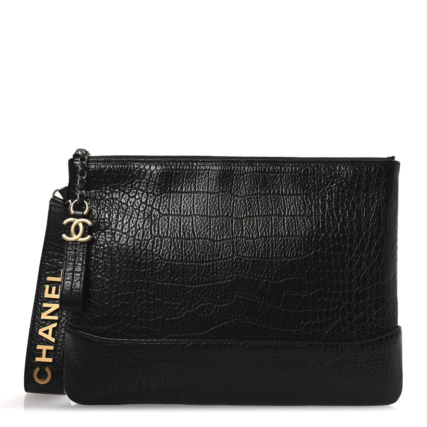 Calfskin Crocodile Embossed Quilted Medium Gabrielle Cosmetic Case Black