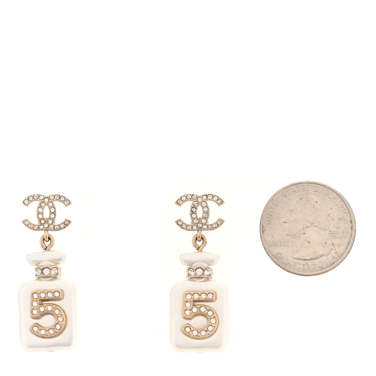 Pearl Resin Crystal CC No 5 Perfume Bottle Drop Earrings Gold Pearly White