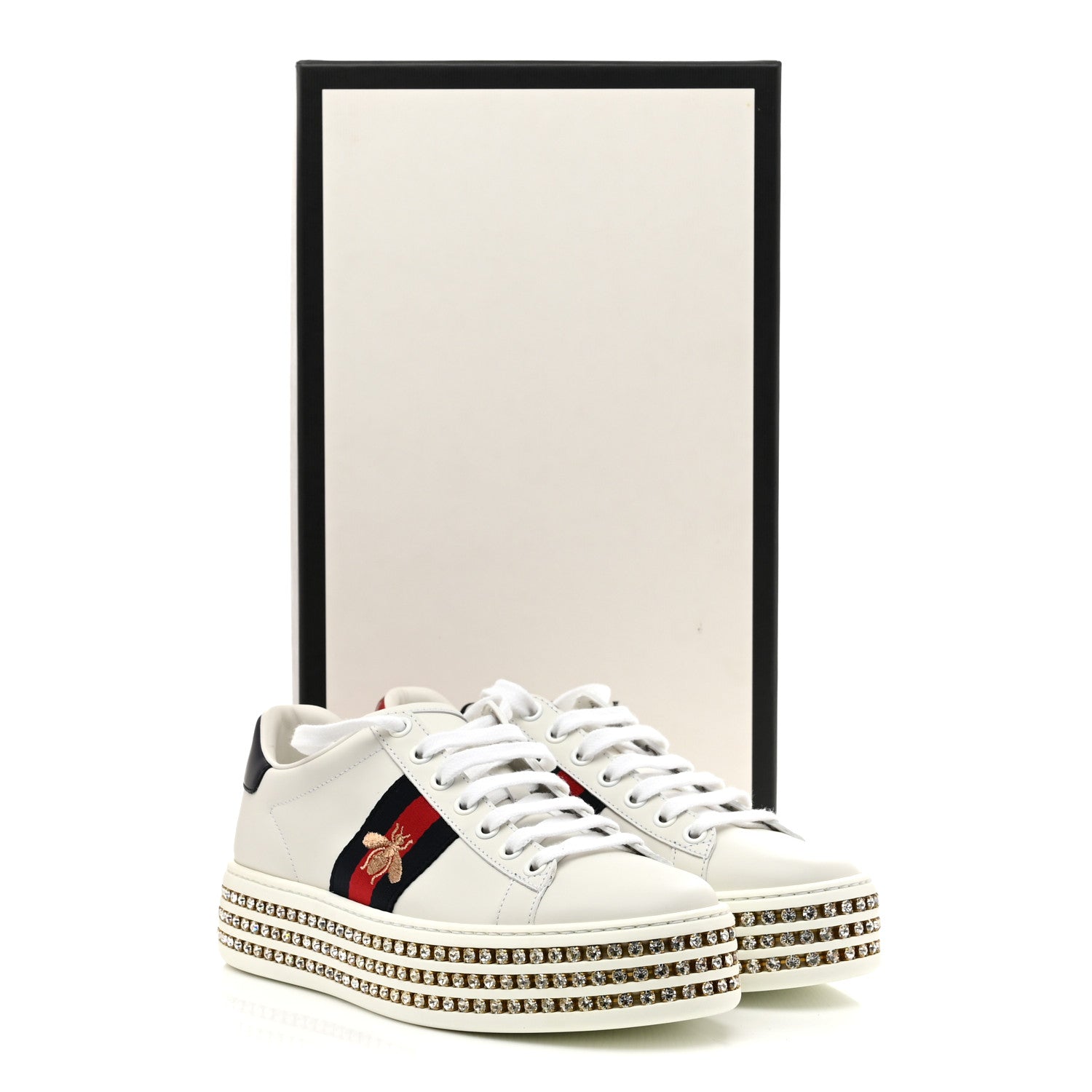 Calfskin Crystal Web Bee Embroidered Womens Ace Platform Sneakers 35.5 White