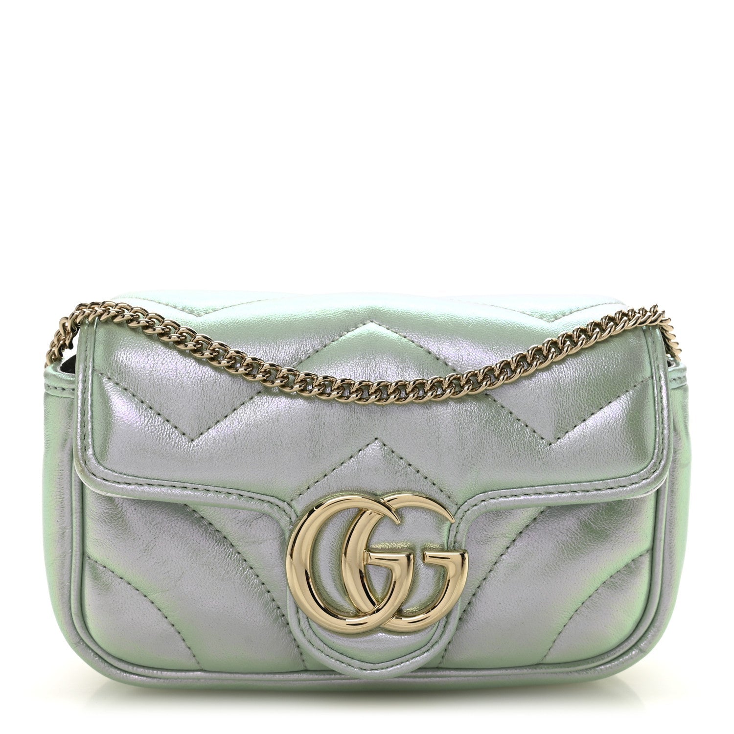 Iridescent Nappa Chevron Matelasse Super Mini GG Marmont Shoulder Bag Iridescent Snow Light Blue