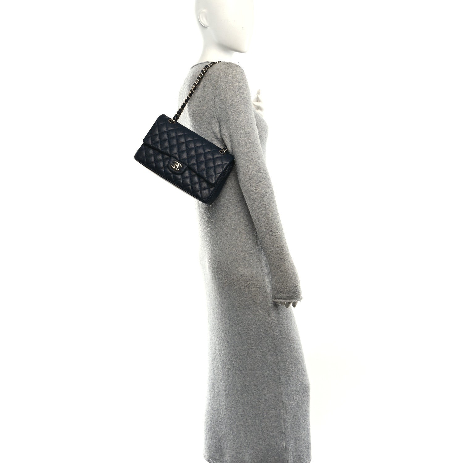 Caviar Quilted Medium Double Flap Navy