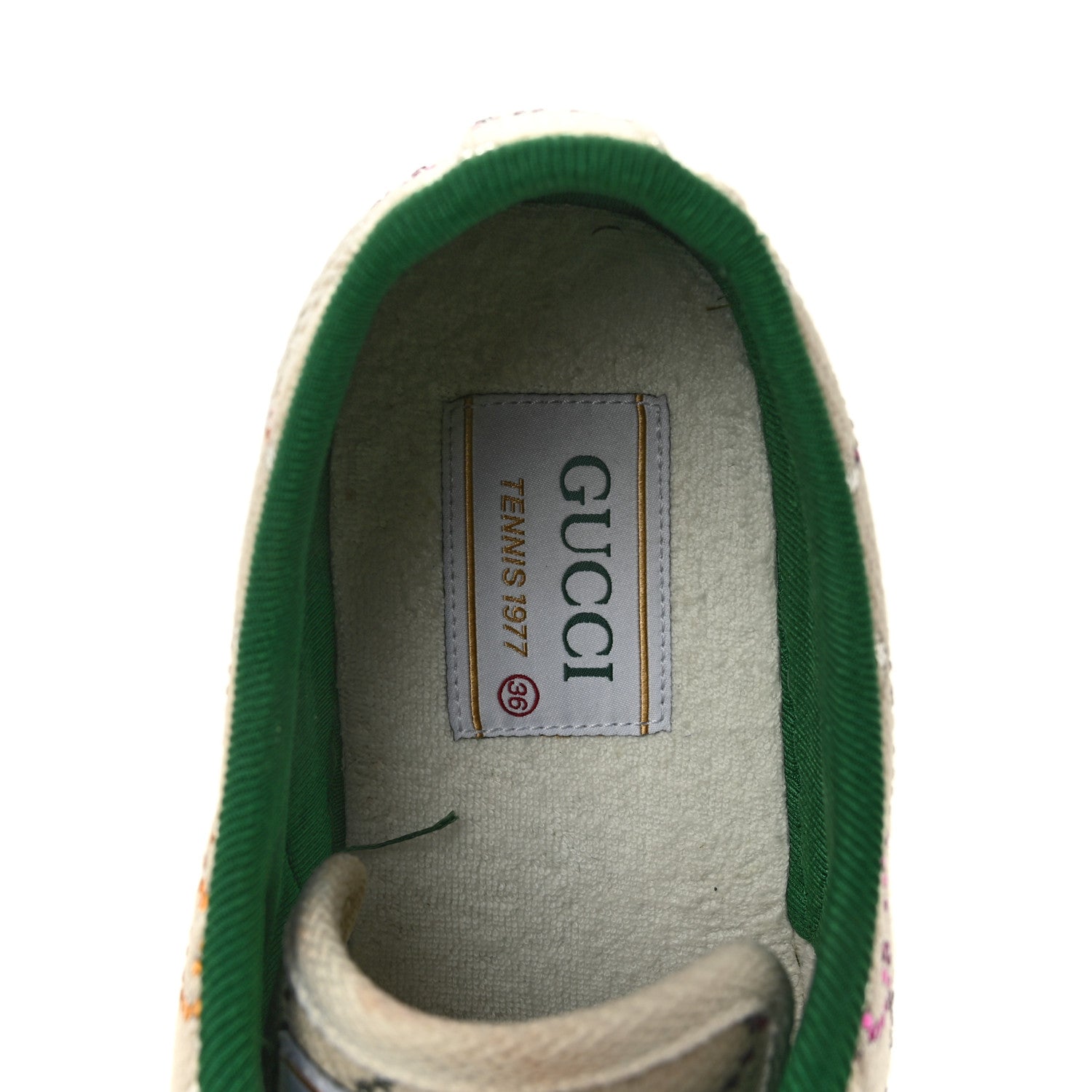 Canvas Lame Crystal GG Monogram Womens 1977 Tennis Sneakers 36 Gardenia Silver Mystic White
