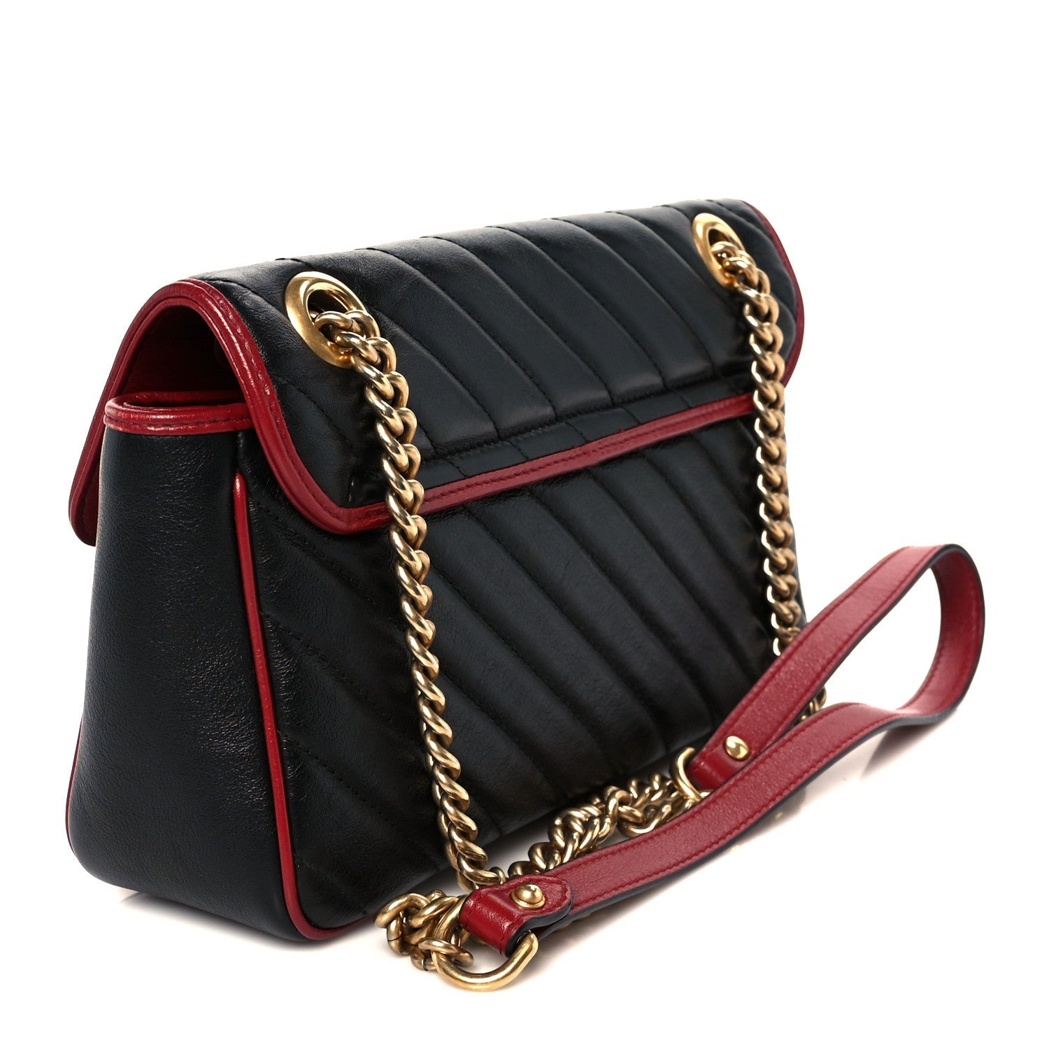 Vintage Effect Calfskin Matelasse Diagonal Small Torchon GG Marmont Shoulder Bag Black Romantic Cherry