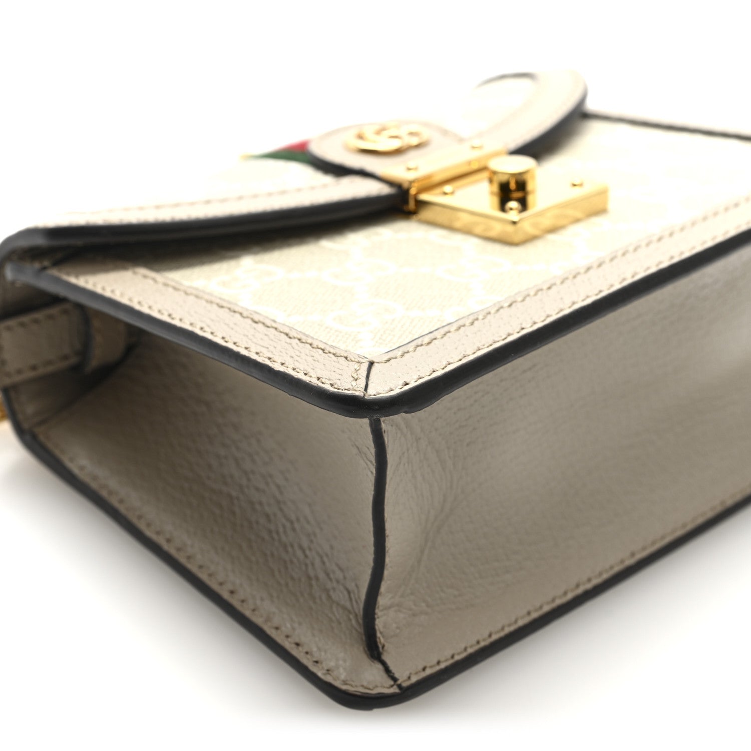 GG Supreme Monogram Textured Dollar Calfskin Web Mini Ophidia Padlock Top Handle Chain Shoulder Bag Beige Mystic White Oatmeal