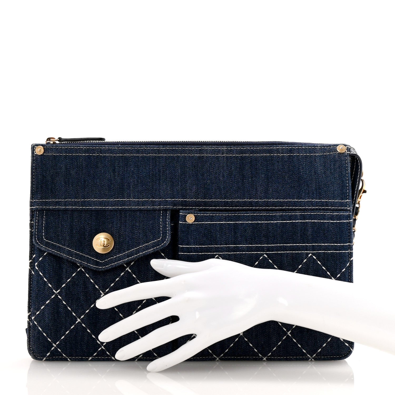 Denim Quilted Zipped Pouch Blue