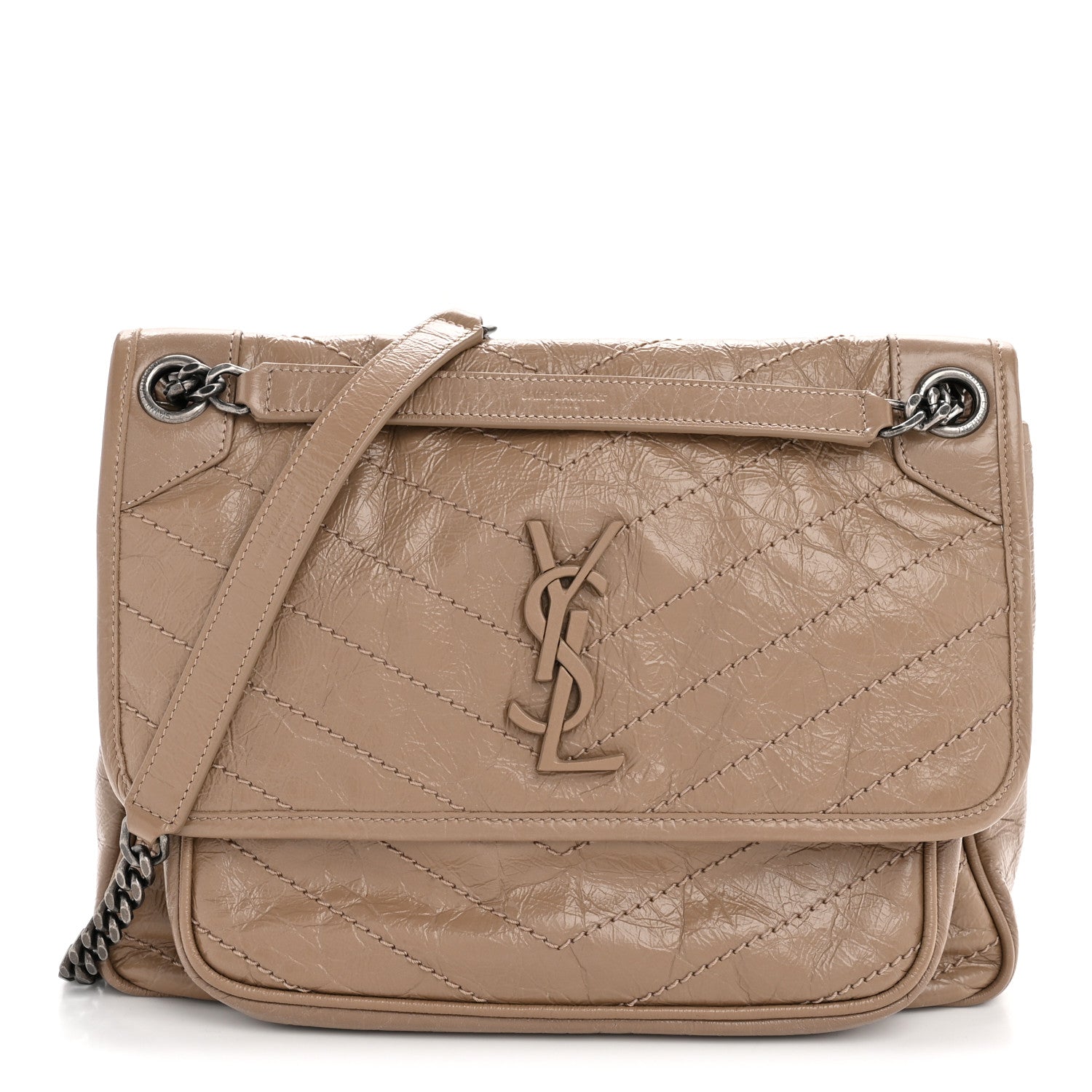Crinkled Calfskin Matelasse Monogram Medium Niki Chain Satchel Light Taupe