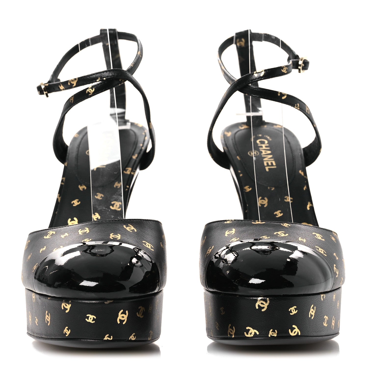 Printed Lambskin CC Platform Pumps 37.5 Black Gold