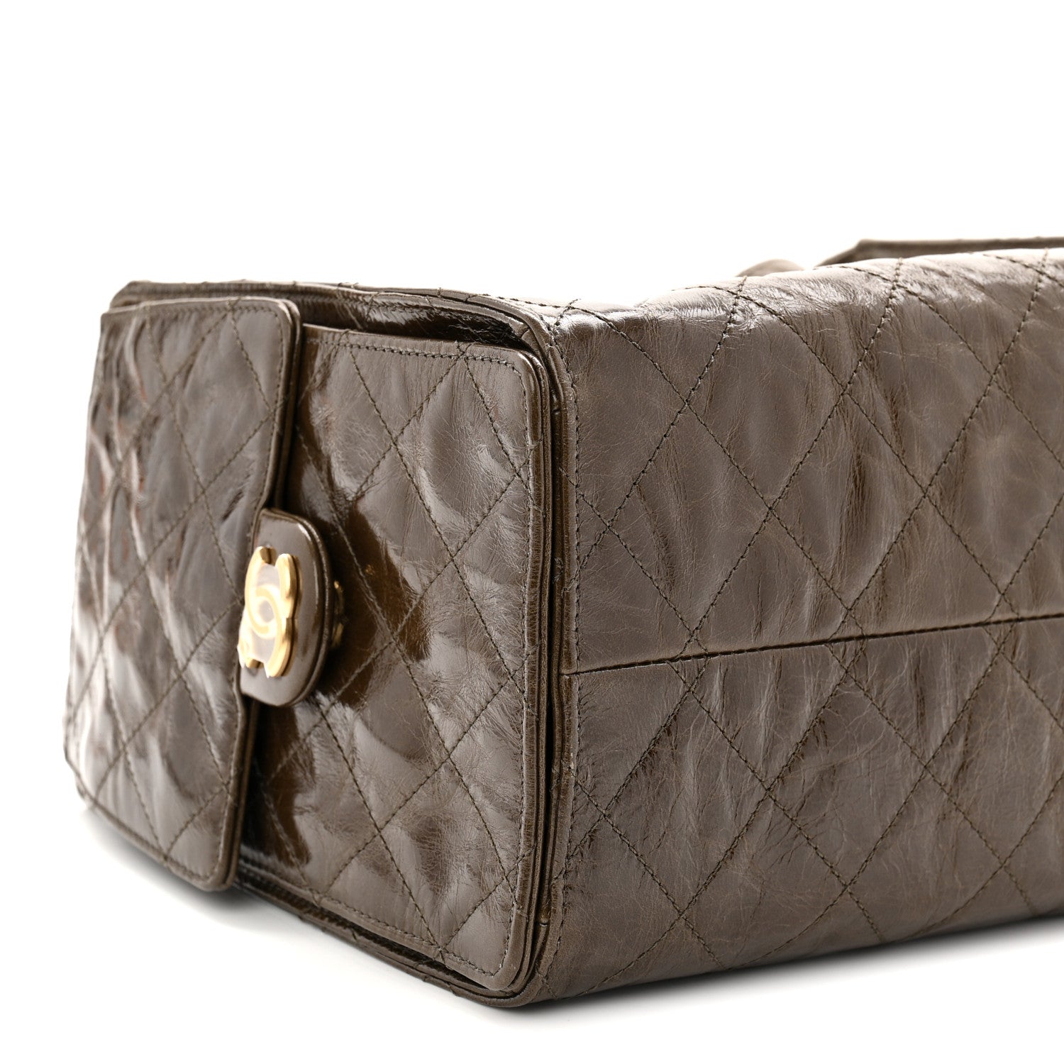 Shiny Crumpled Calfskin Quilted Small Chanel 25 Handbag Khaki