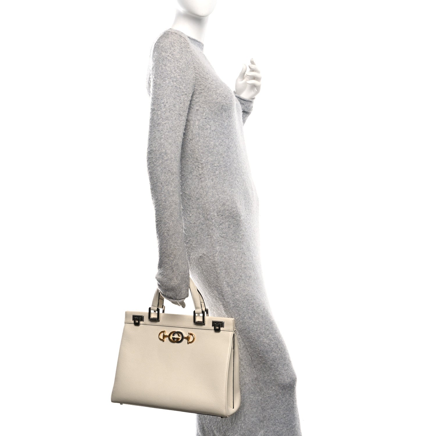 Grainy Calfskin Medium Zumi Top Handle Bag Mystic White