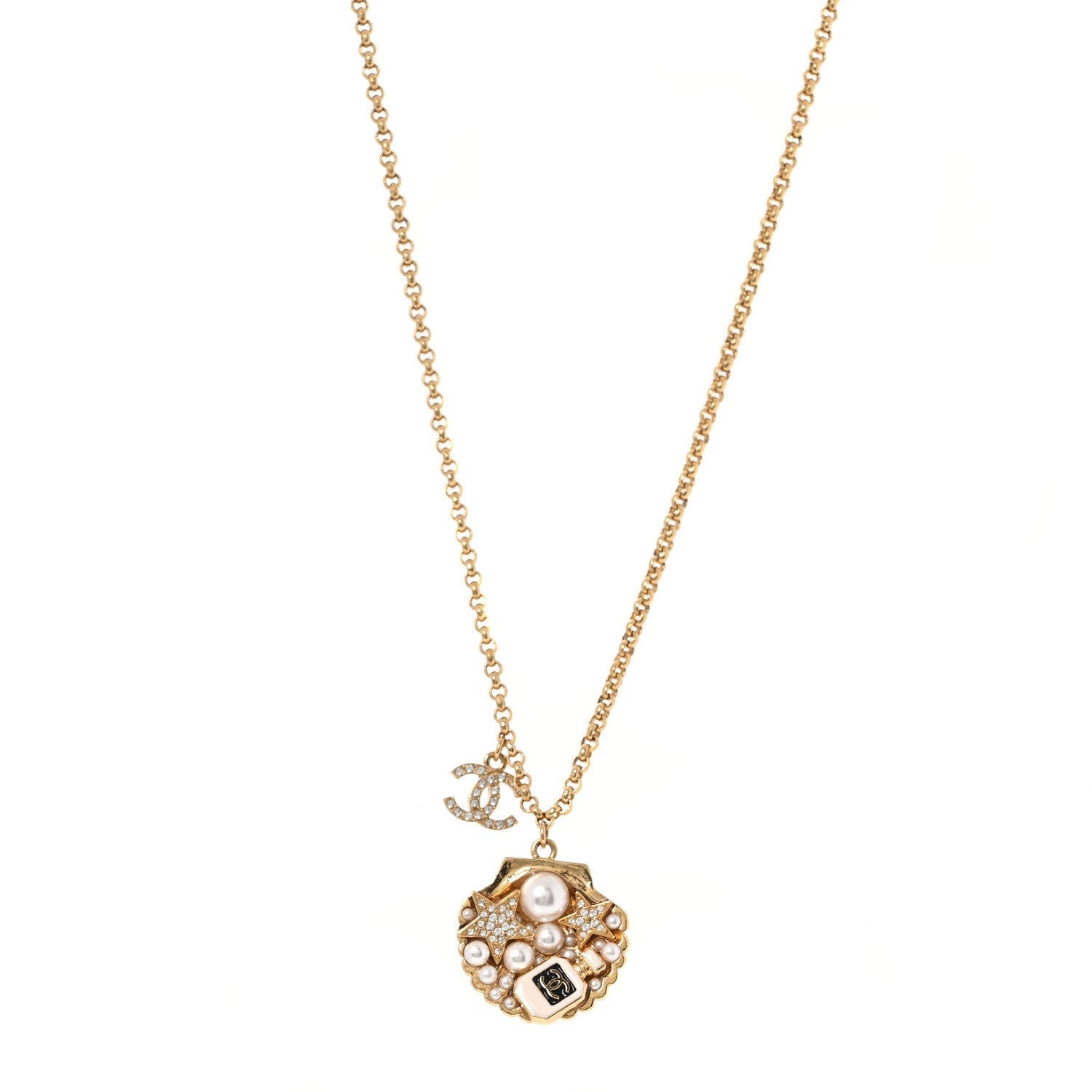 Metal Pearl Crystal CC Shell Necklace Gold