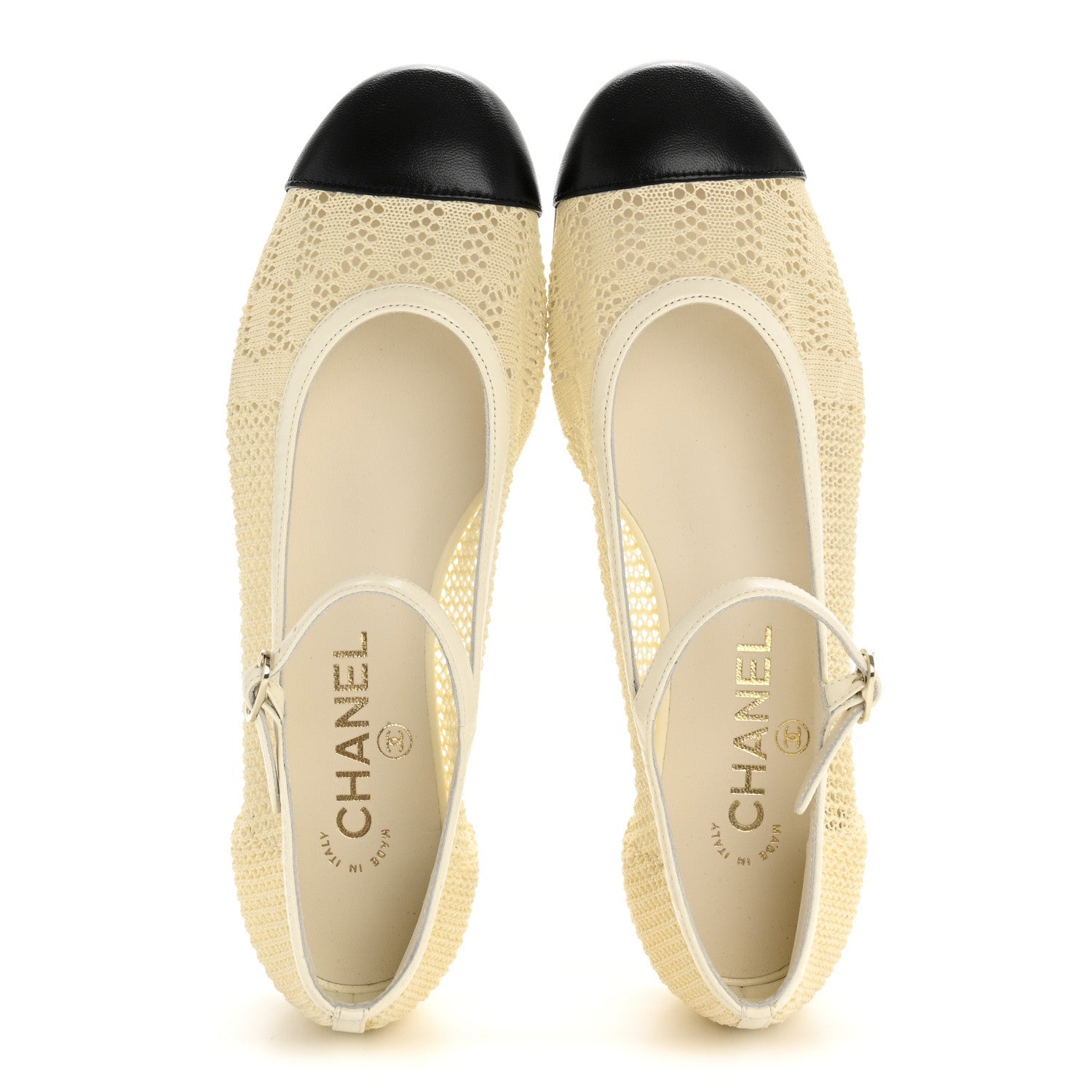Crochet Lambskin Cap Toe Mary Jane Flats 38 Natural Beige Black