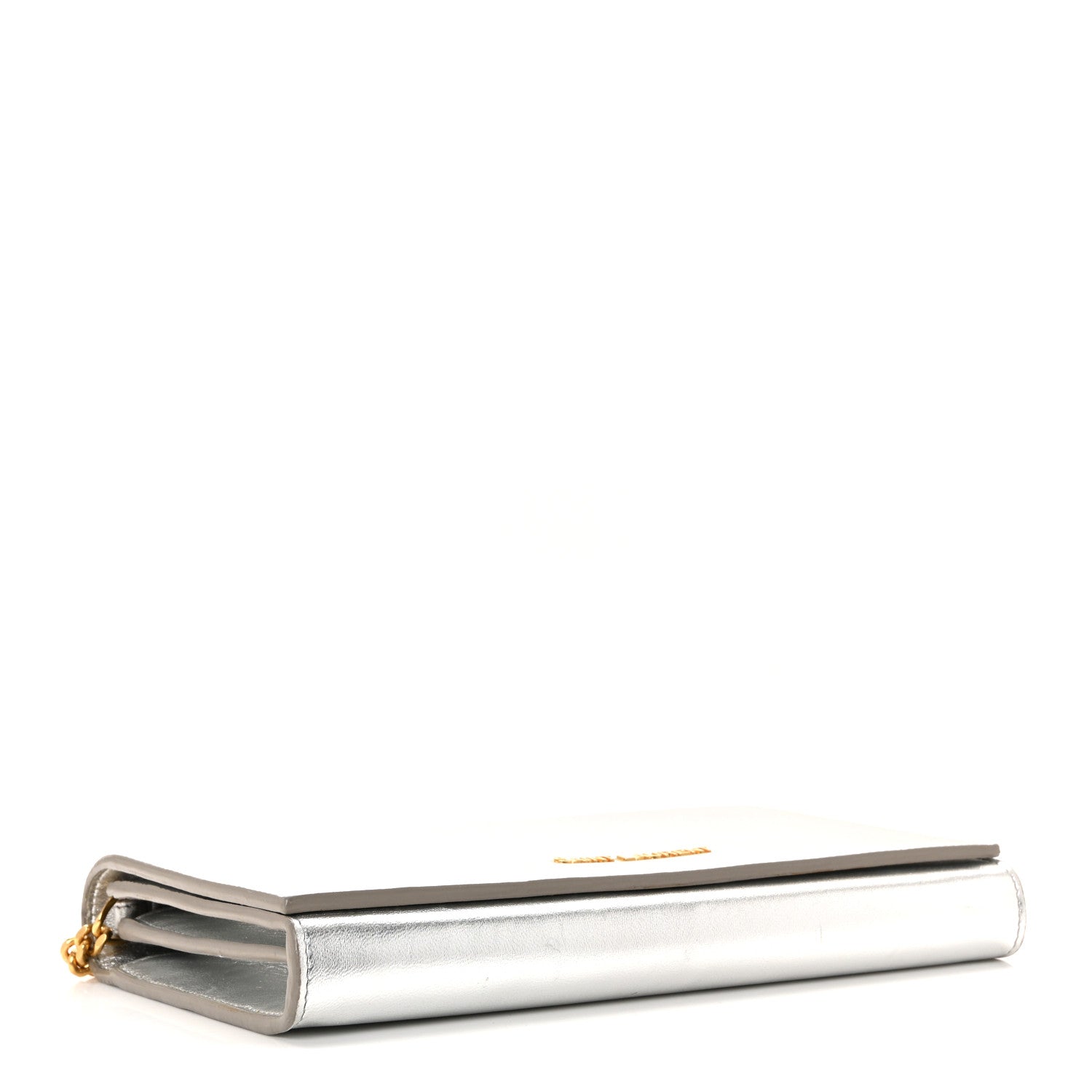 Metallic Grained Calfskin Classic Letters Chain Wallet Argento