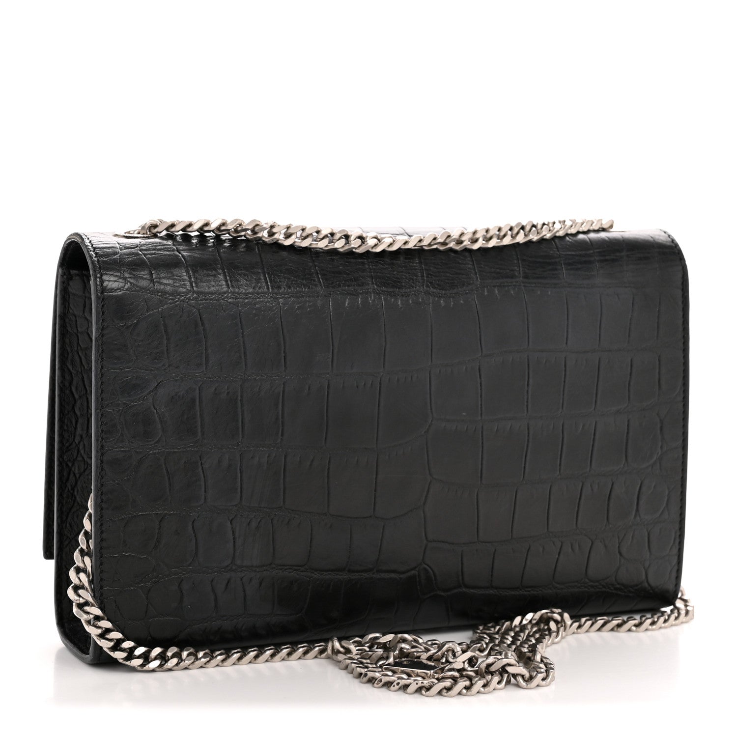 Calfskin Crocodile Embossed Medium Classic Monogram Kate Tassel Satchel Black