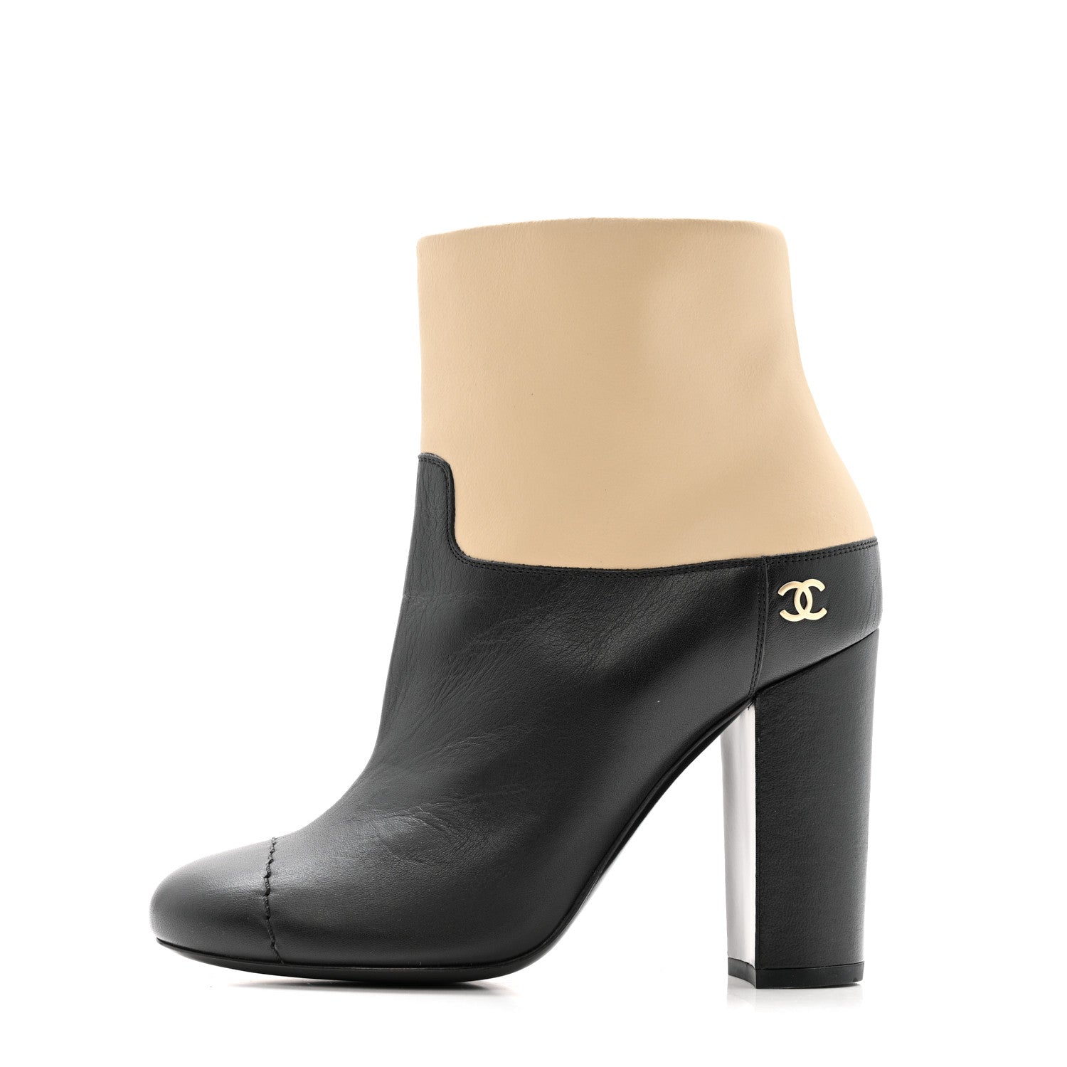 Tumbled Calfskin CC Short Boots 36 Beige Black
