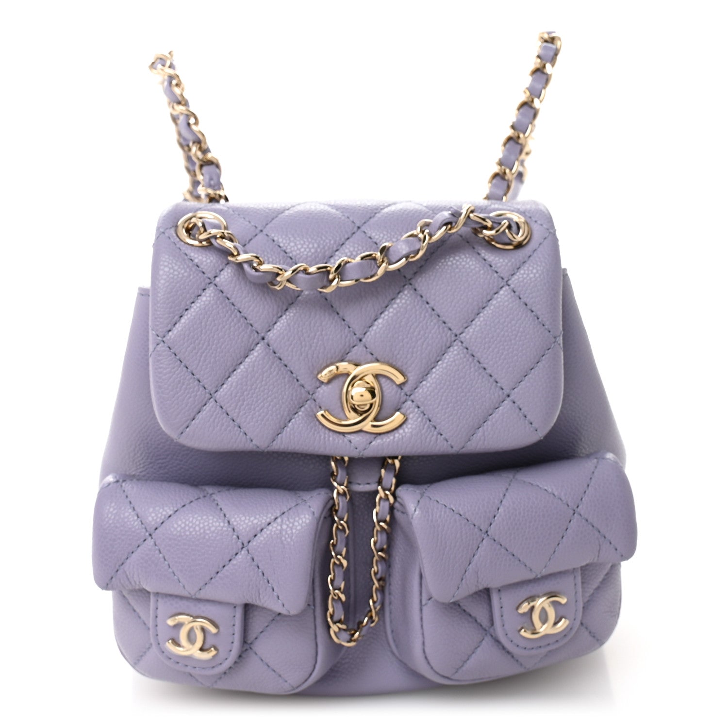 Shiny Caviar Quilted Small Duma Pockets Drawstring Backpack Light Purple