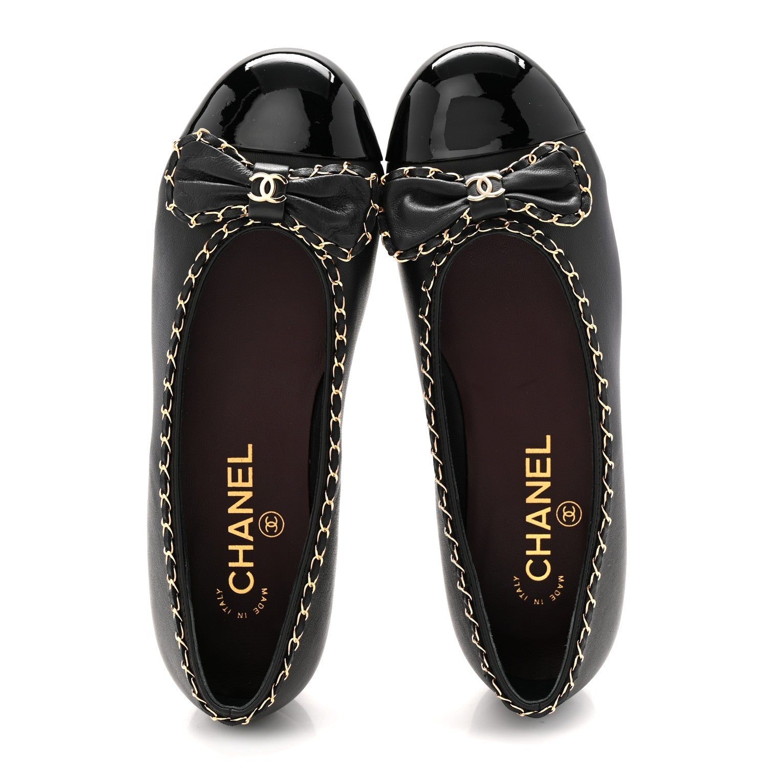 Lambskin Patent Cap Toe Chain Around Ballerina Flats 36 Black