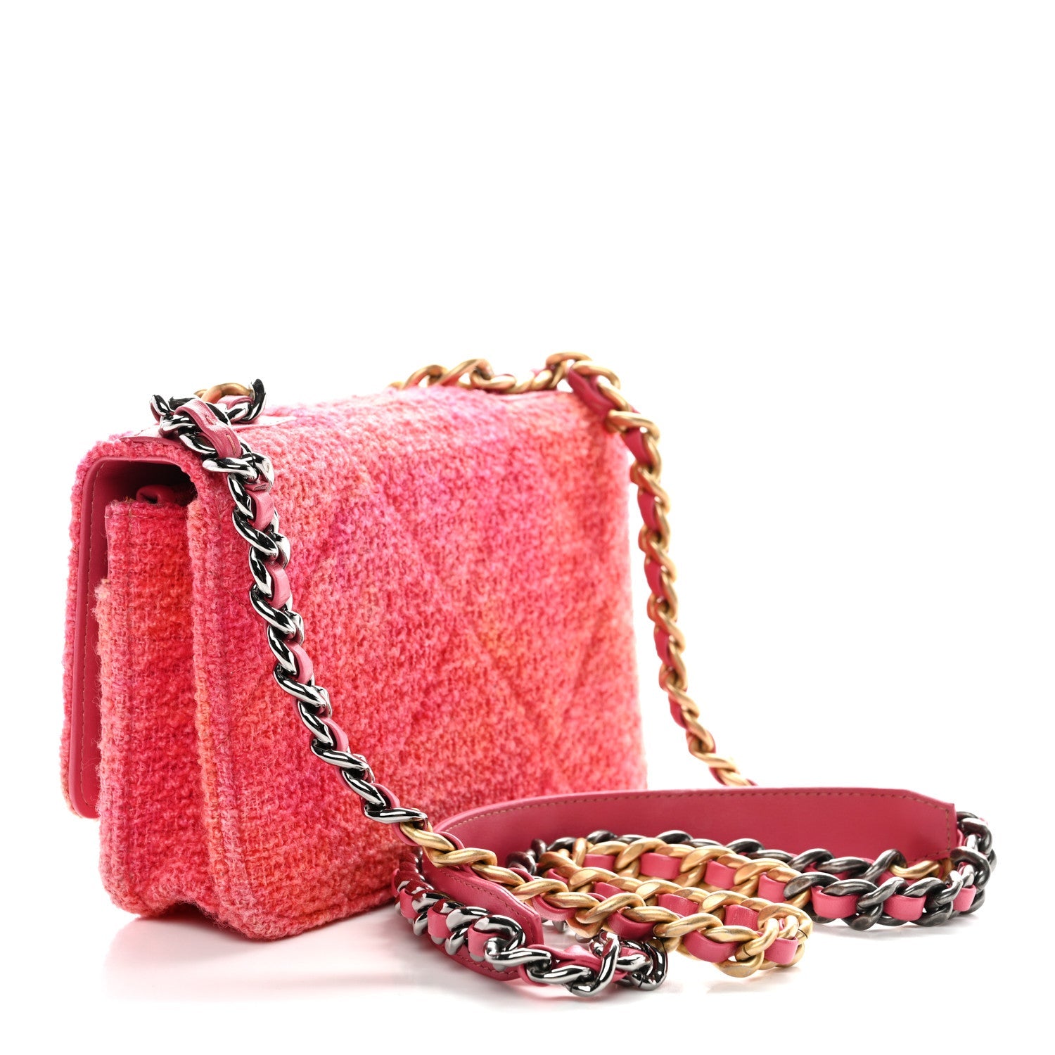 Wool Tweed Lambskin Quilted Chanel 19 Wallet On Chain WOC Coral Pink