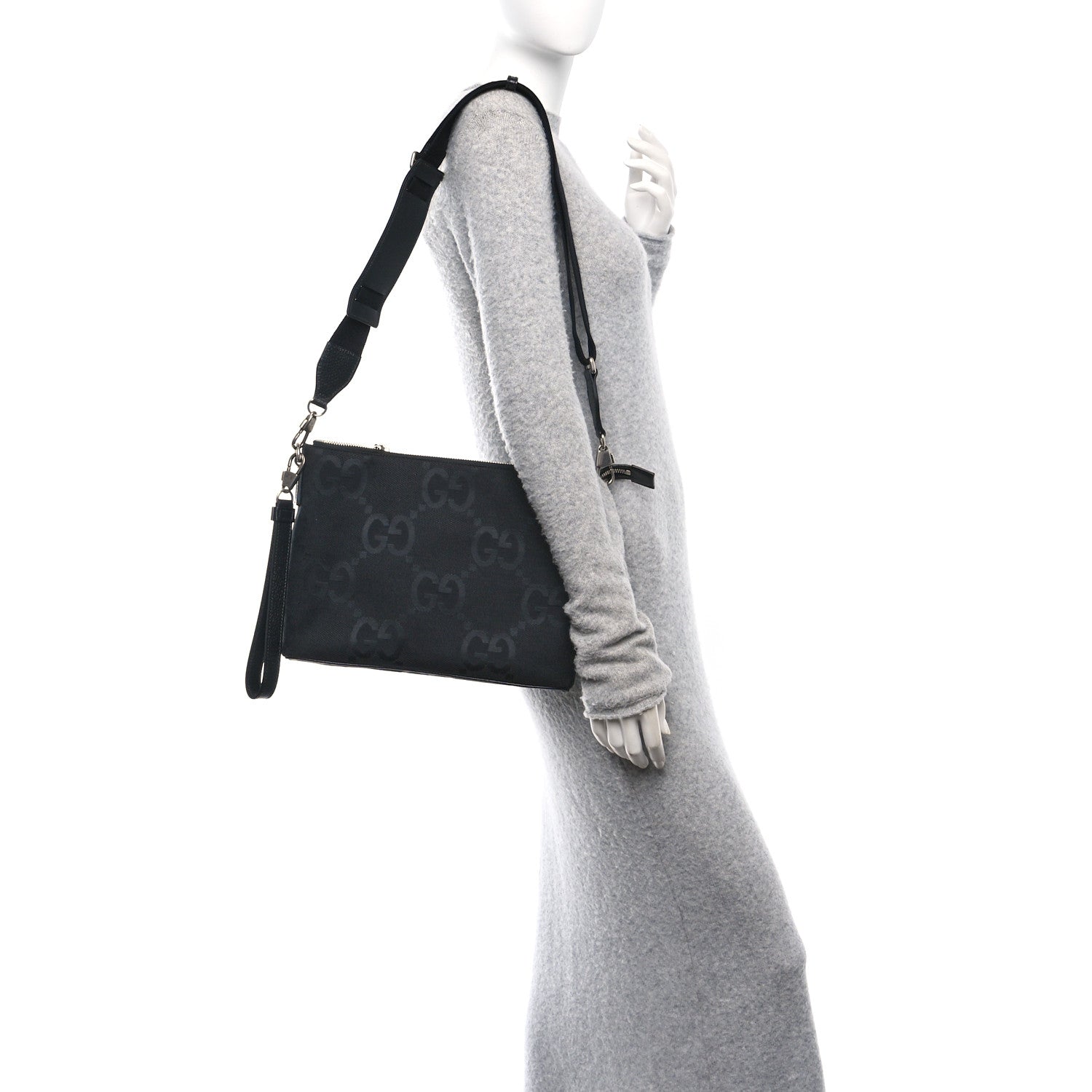 Monogram Jumbo GG Textured Dollar Calfskin Wristlet Messenger Bag Black