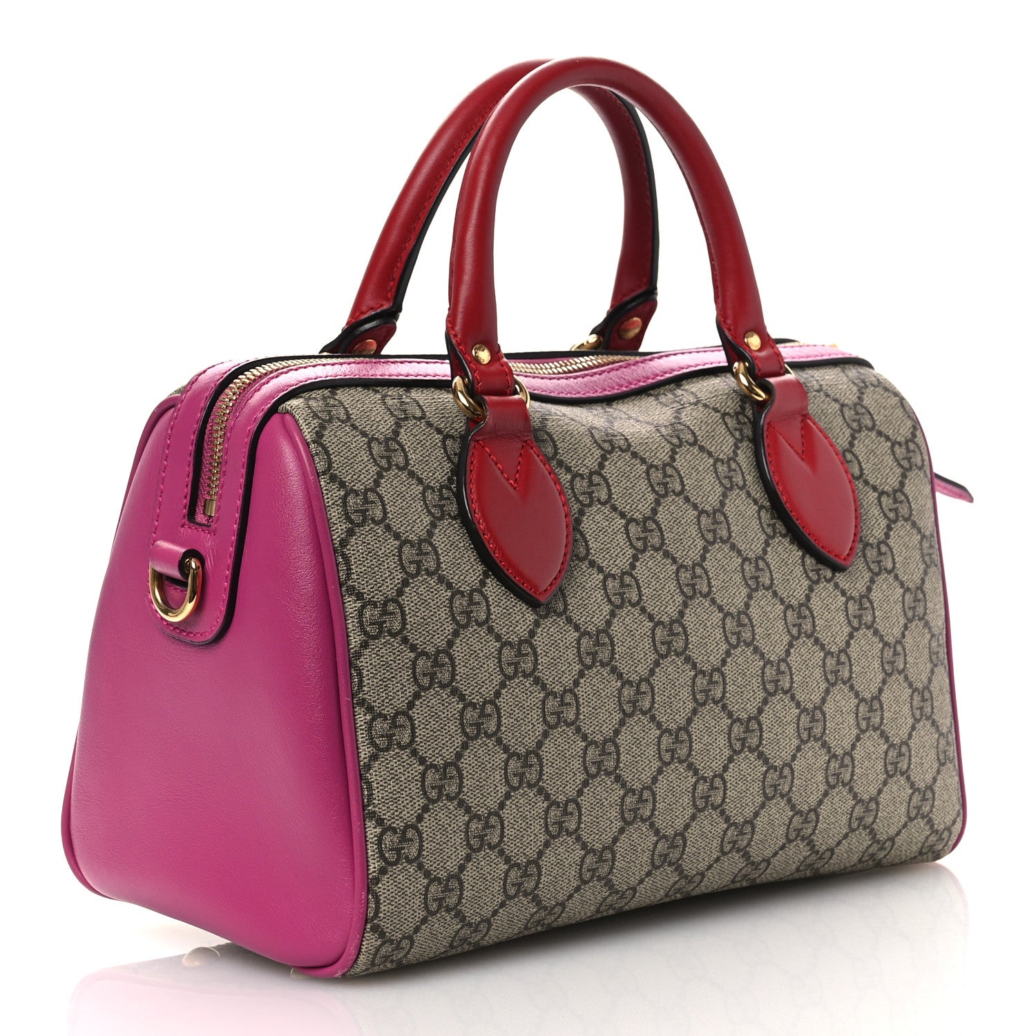 GG Supreme Monogram Moon Calfskin Small Boston Beige Ebony Hibiscus Red New Rosette
