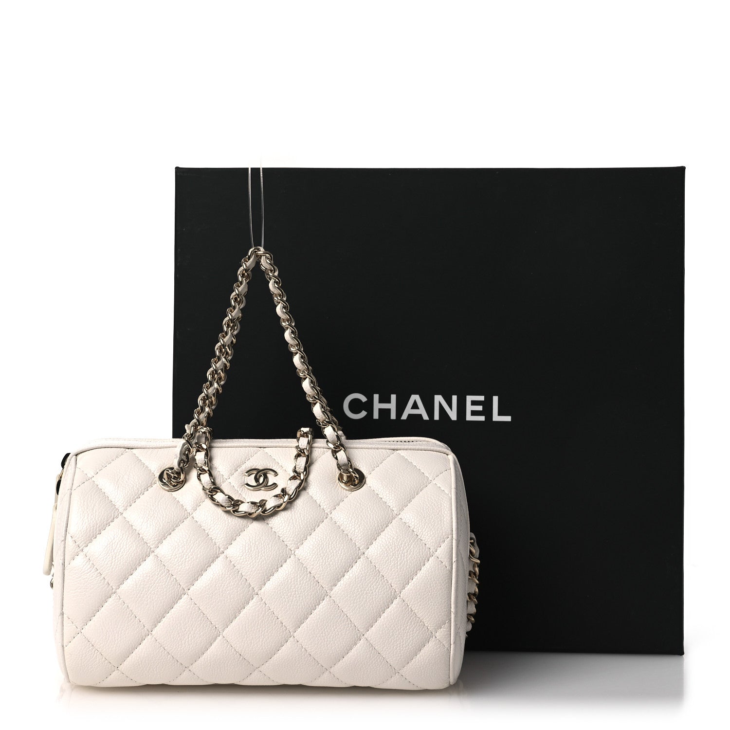 Caviar Quilted Barrel Clutch With Chain White