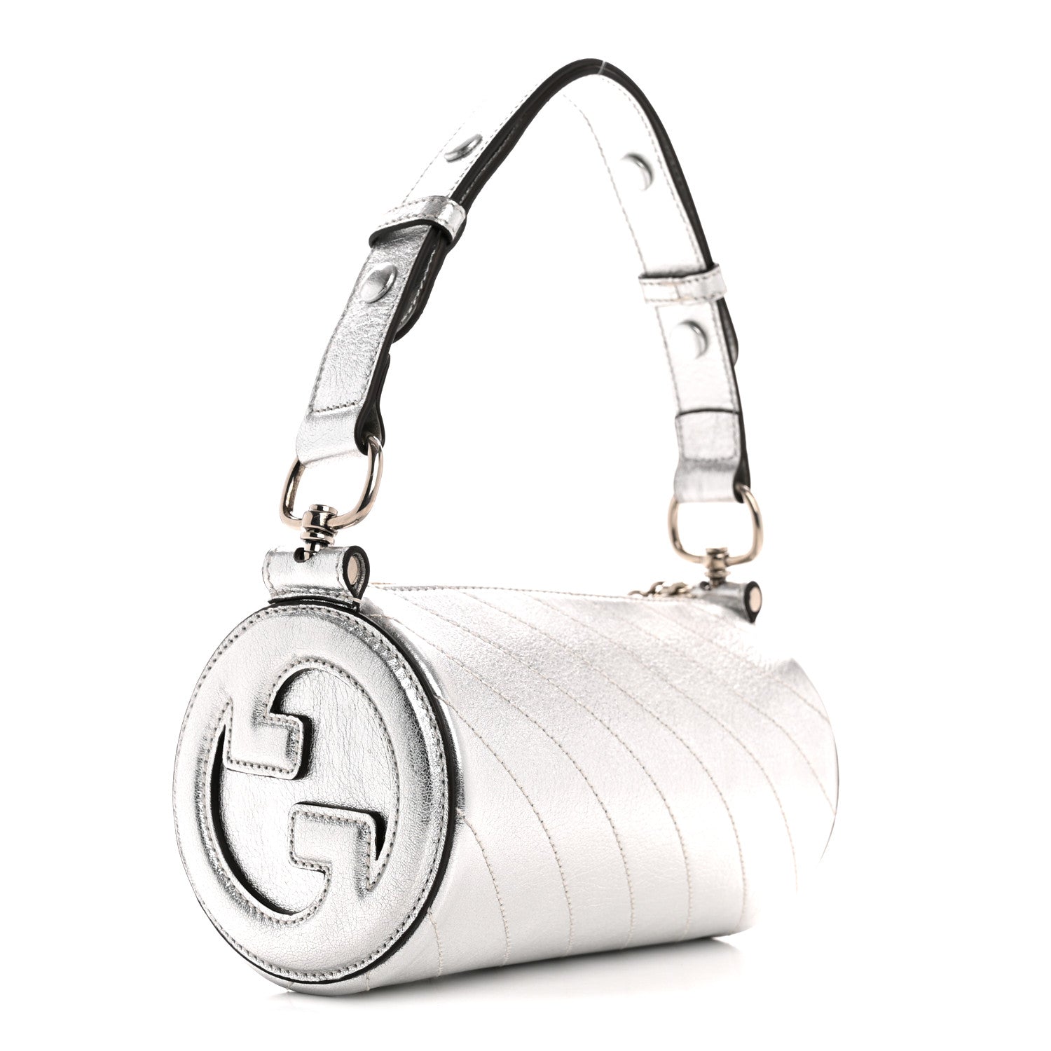 Sakai Be Green Calfskin Diagonal Stitched Mini Blondie Barrel Shoulder Bag Silver
