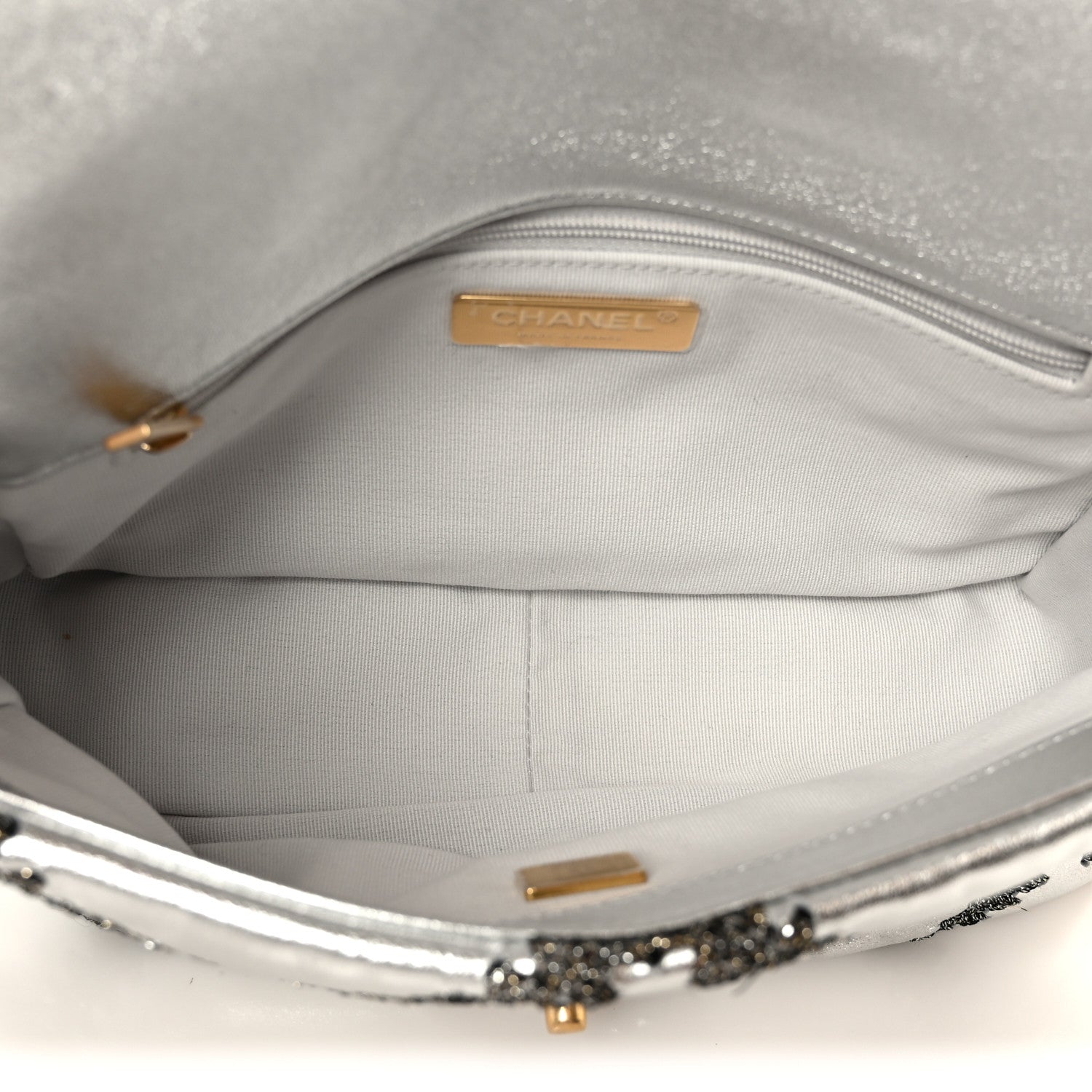 Metallic Calfskin Crochet Medium Chanel 19 Flap Silver