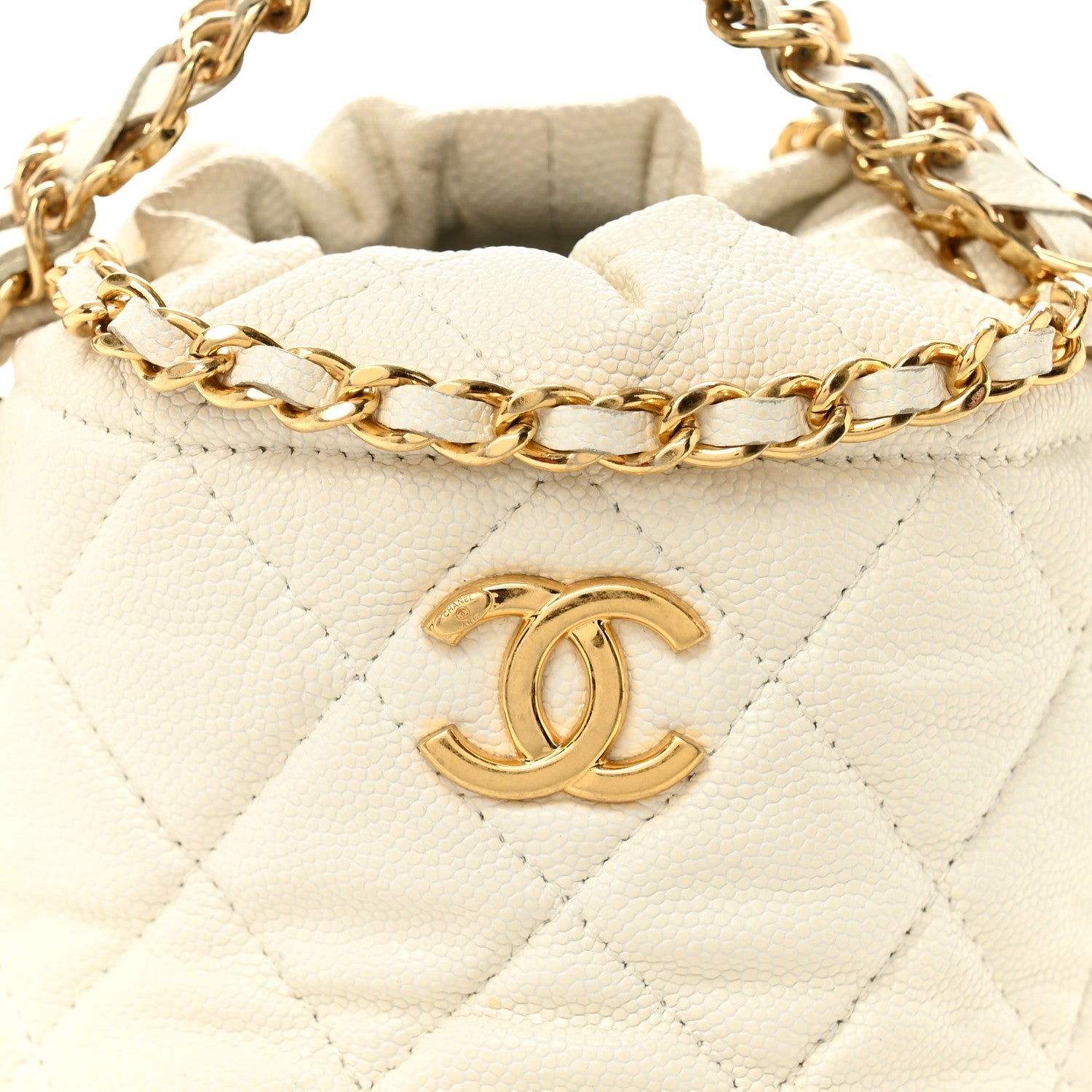 Caviar Quilted Coco First Bucket Clutch With Chain White