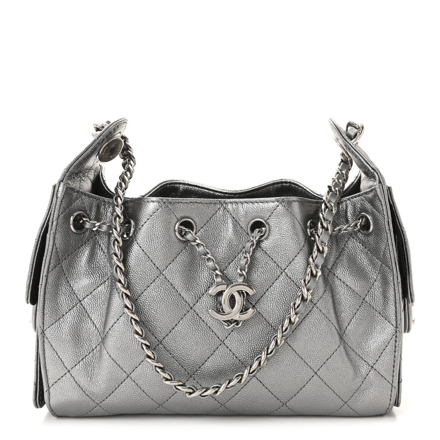 Metallic Caviar Quilted Mini Chanel 25 Handbag Silver
