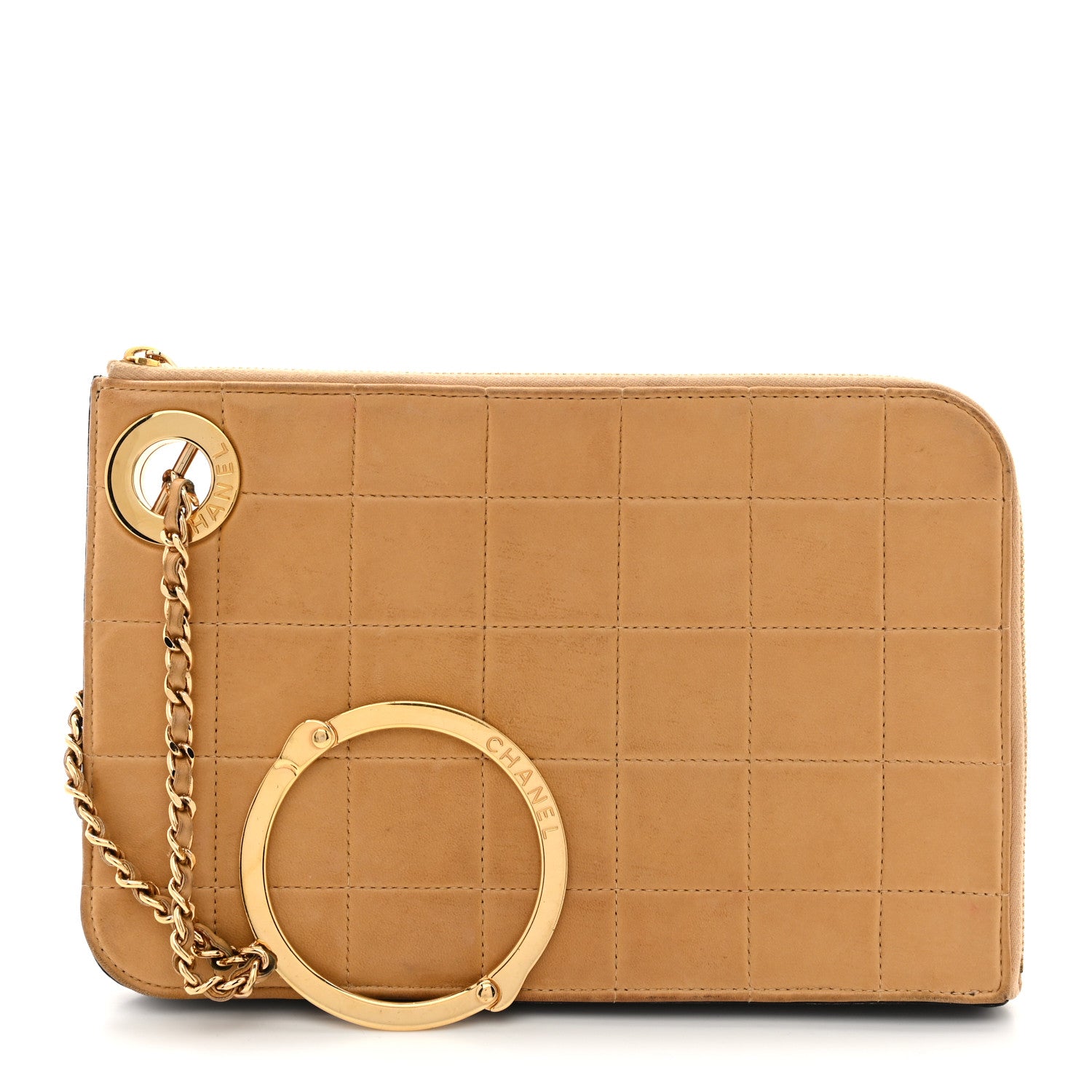 Lambskin Quilted Chocolate Bar Wristlet Beige