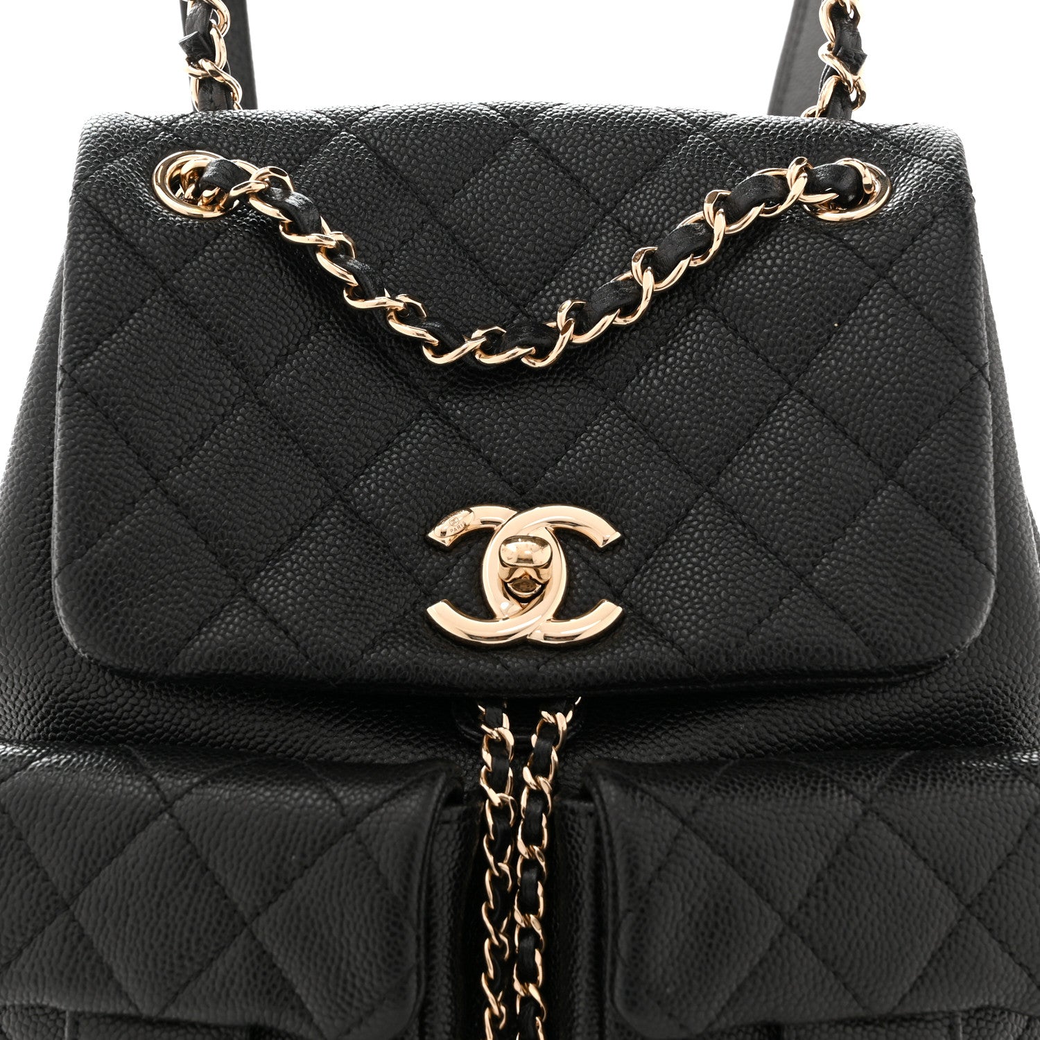 Shiny Caviar Quilted Medium Duma Pockets Drawstring Backpack Black