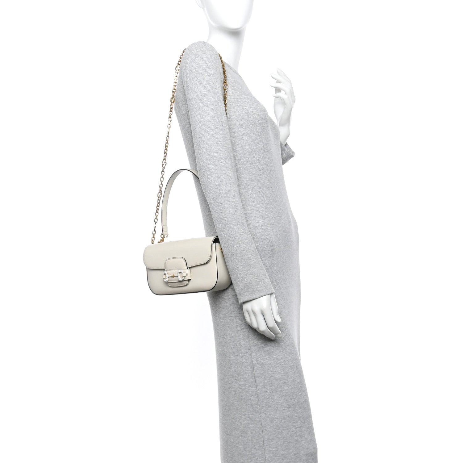 Azalea Calfskin Crystal Small Horsebit 1955 Chain Shoulder Bag White