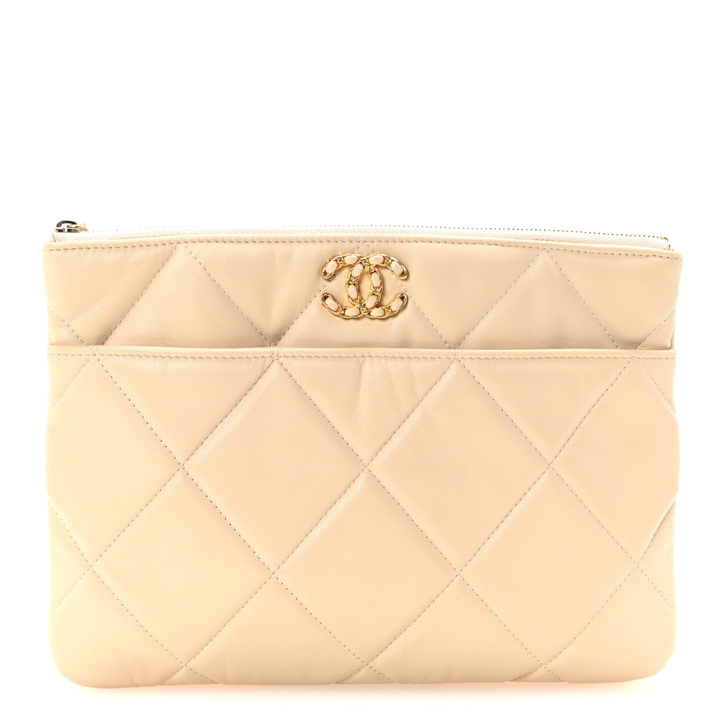 Shiny Goatskin Quilted Chanel 19 Pouch Beige