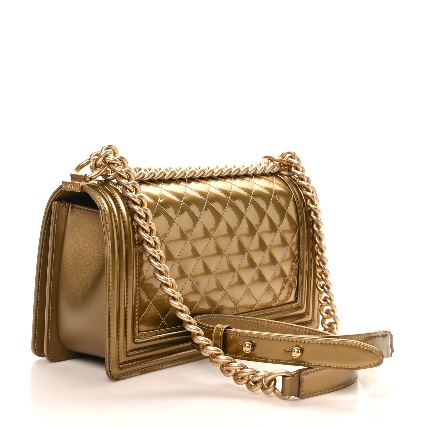 Metallic Patent Calfskin Quilted Medium Boy Flap Gold