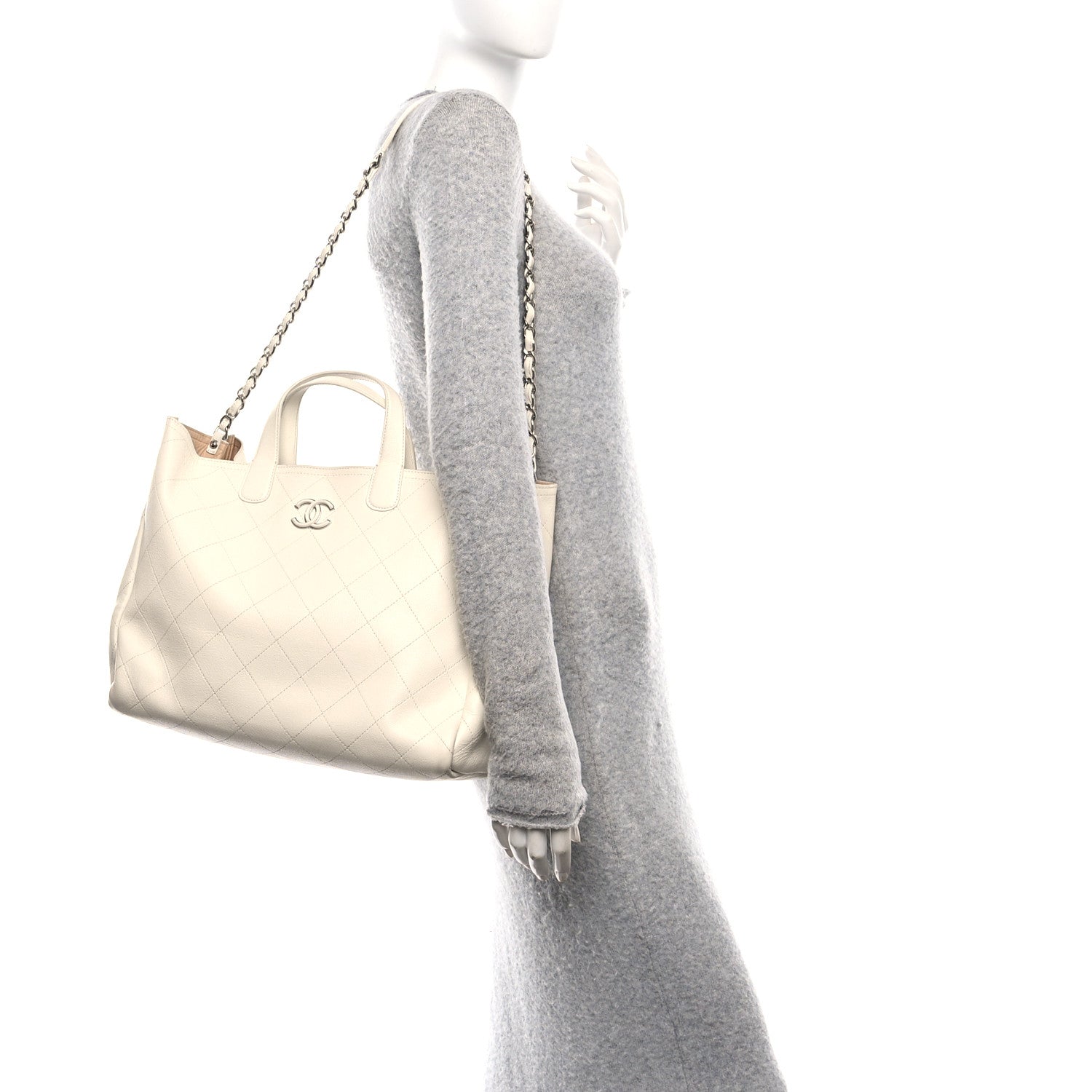 Caviar Stitched Large Lady Coco Shopping Tote White