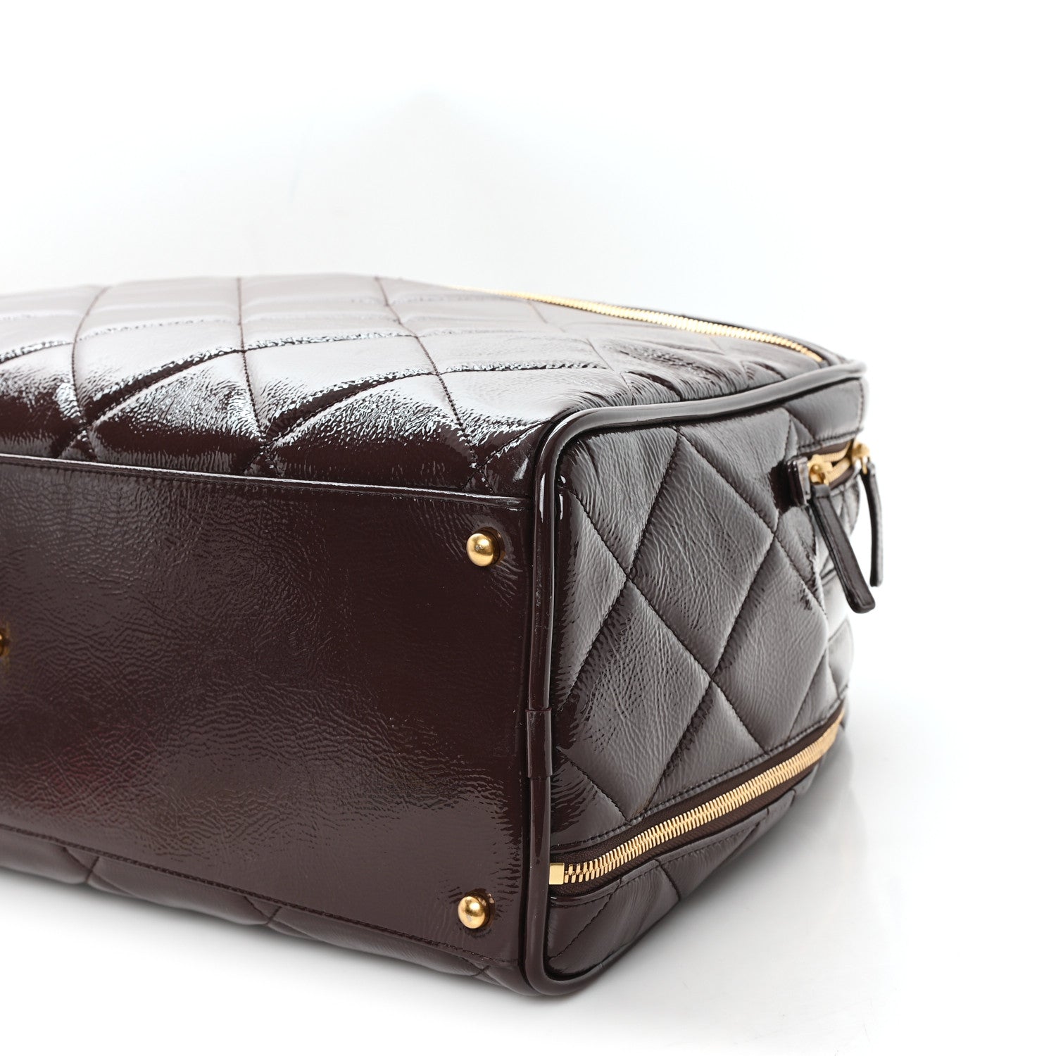 Patent Crumpled Calfskin Quilted Travel Bowling Bag Dark Brown