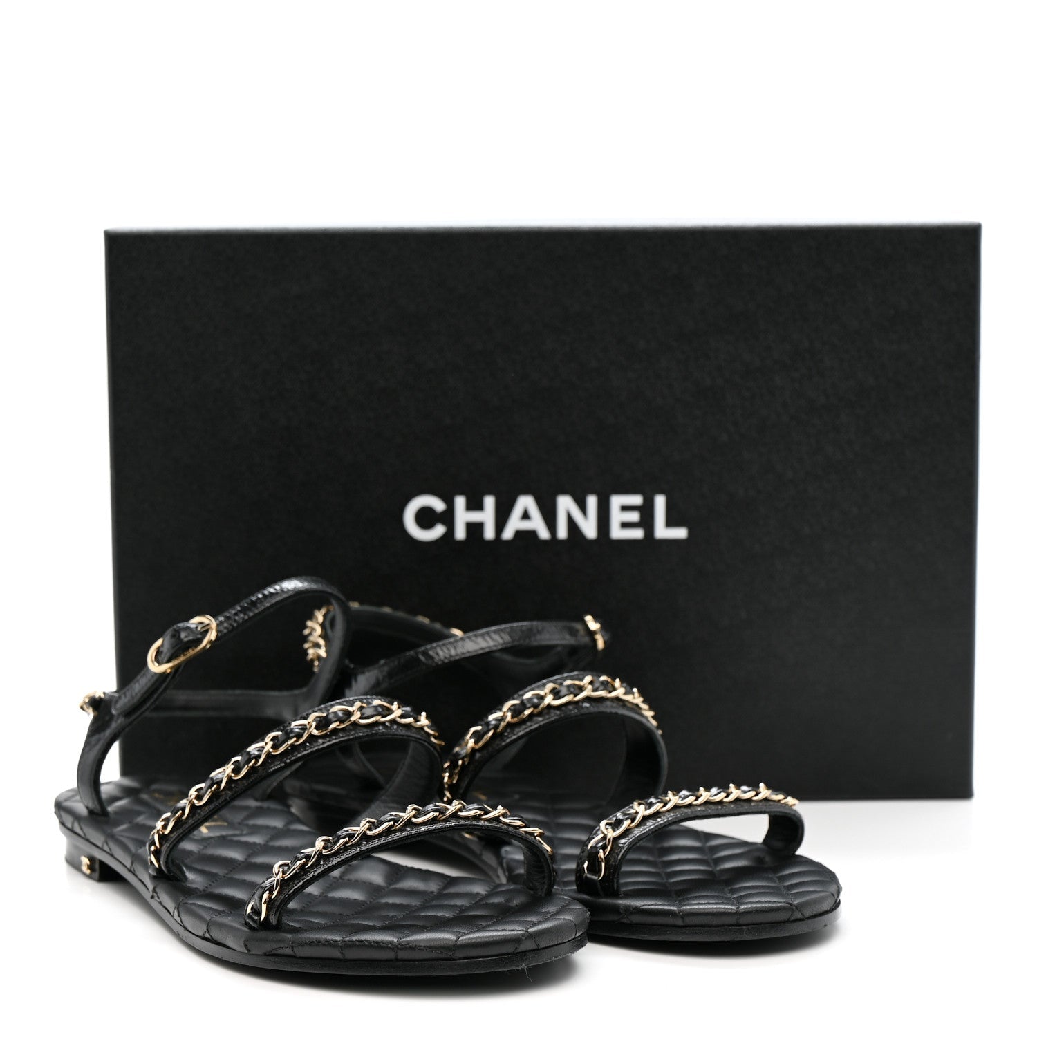 Crumpled Calfskin Chain Sandals 38 Black