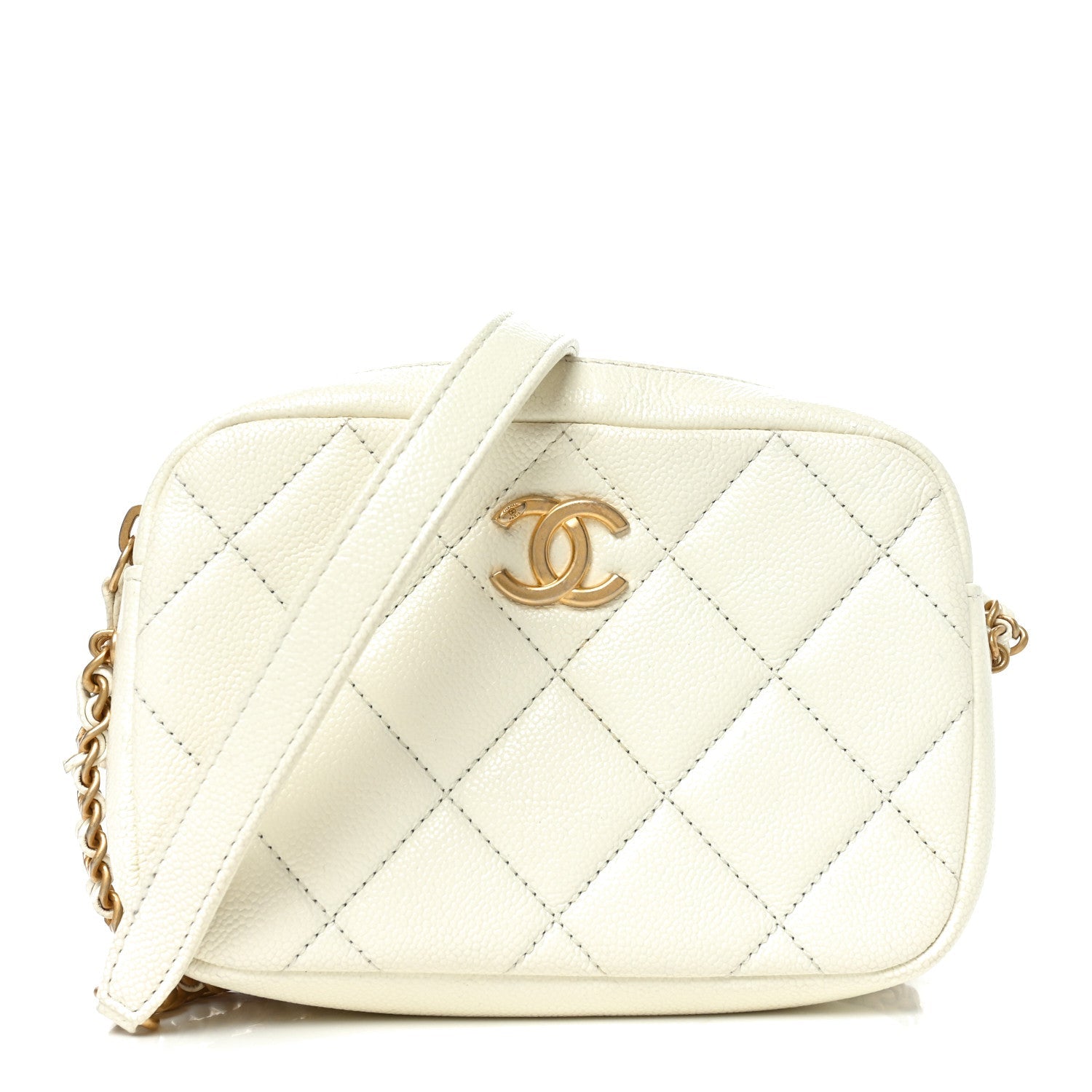 Shiny Caviar Quilted Chain Melody Camera Bag White