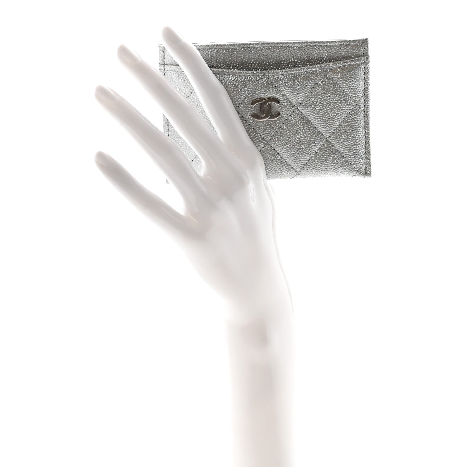 Glittered Metallic Caviar Quilted Card Holder Silver