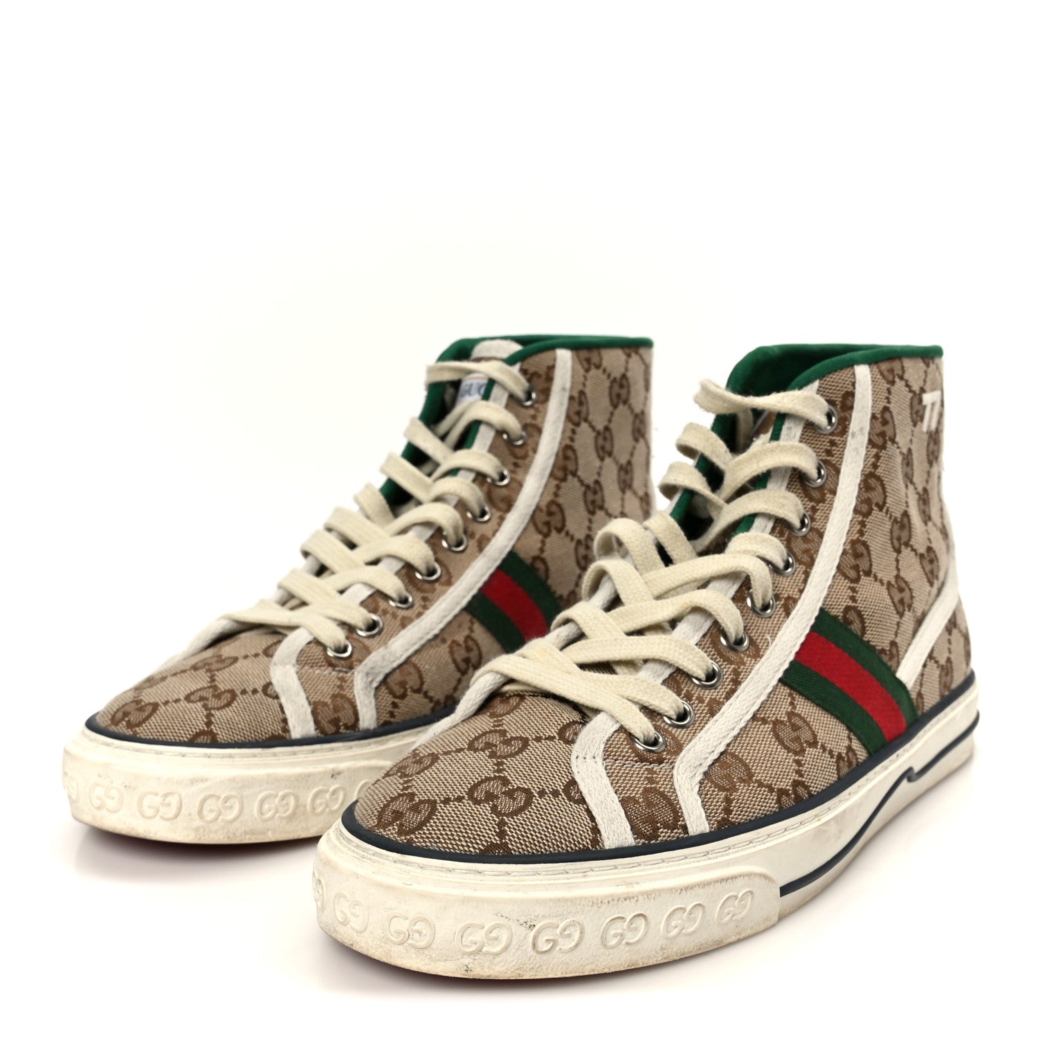 GG Monogram Web Mens 1977 Tennis High Top Sneakers 6.5 Beige Ebony Mystic White