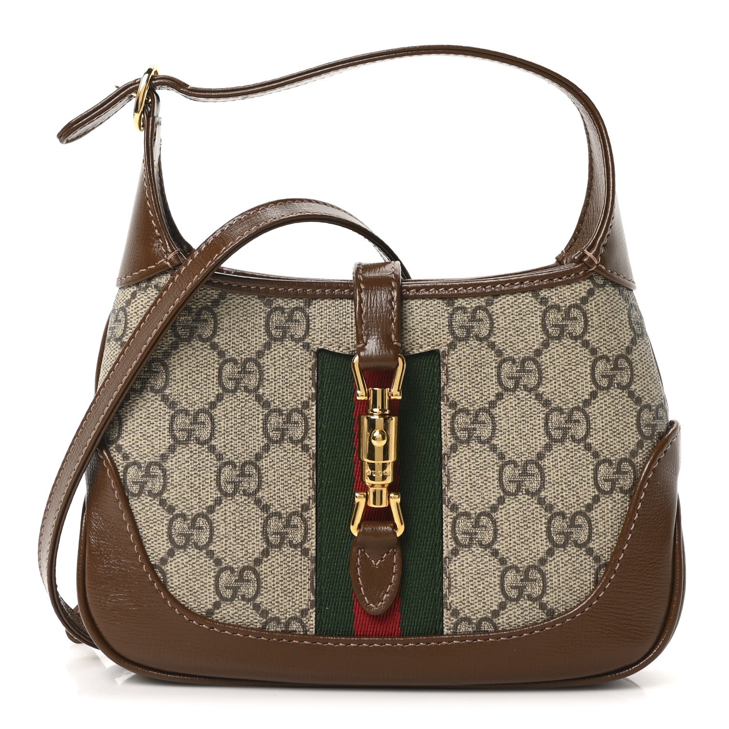 GG Supreme Monogram Azalea Calfskin Web Mini Jackie 1961 Hobo Beige Ebony Brown Sugar