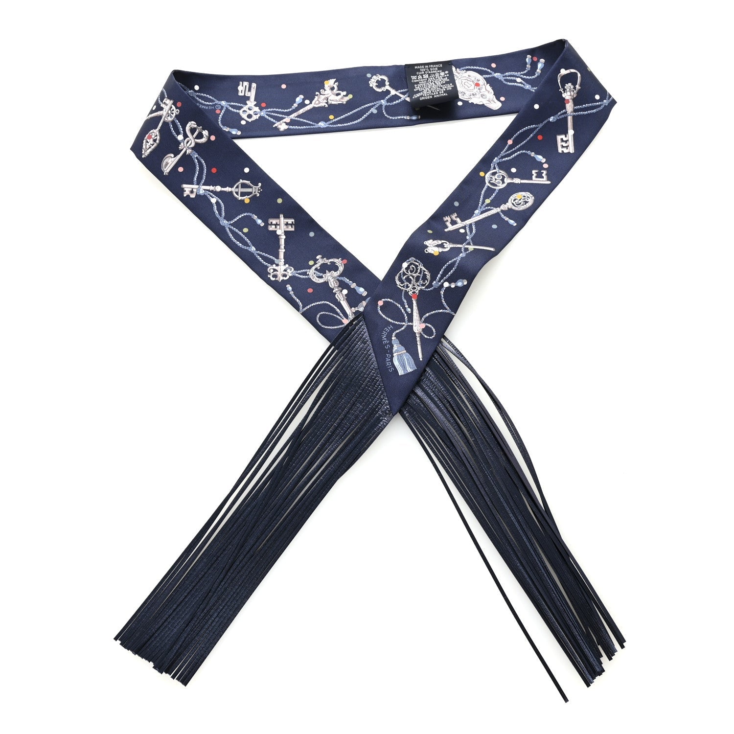 Silk Metallic Agneau Les Cles A Pois Fringed Twilly Bleu Marine Gris Argent Multicolor