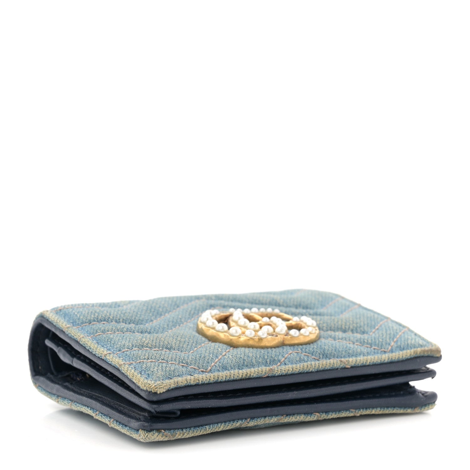 Denim Matelasse Pearly GG Marmont Card Case Wallet Blue