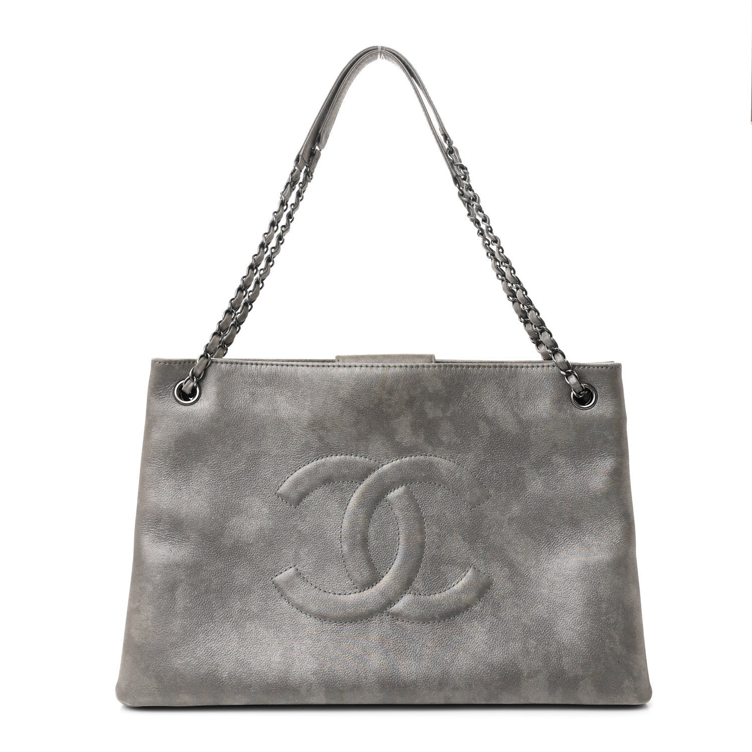 Iridescent Calfskin CC East West Shopping Tote Light Grey