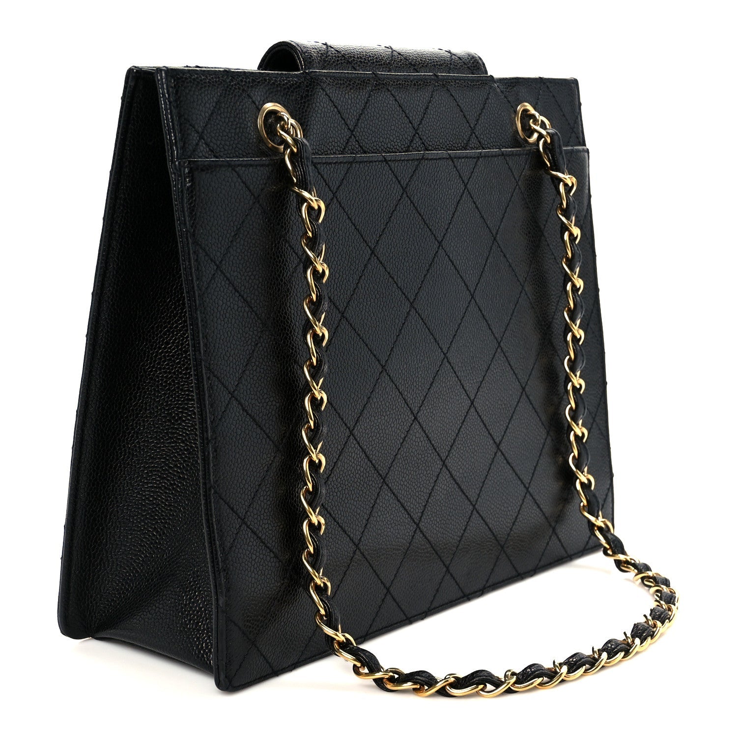 Caviar Quilted Flap Shopping Tote Black