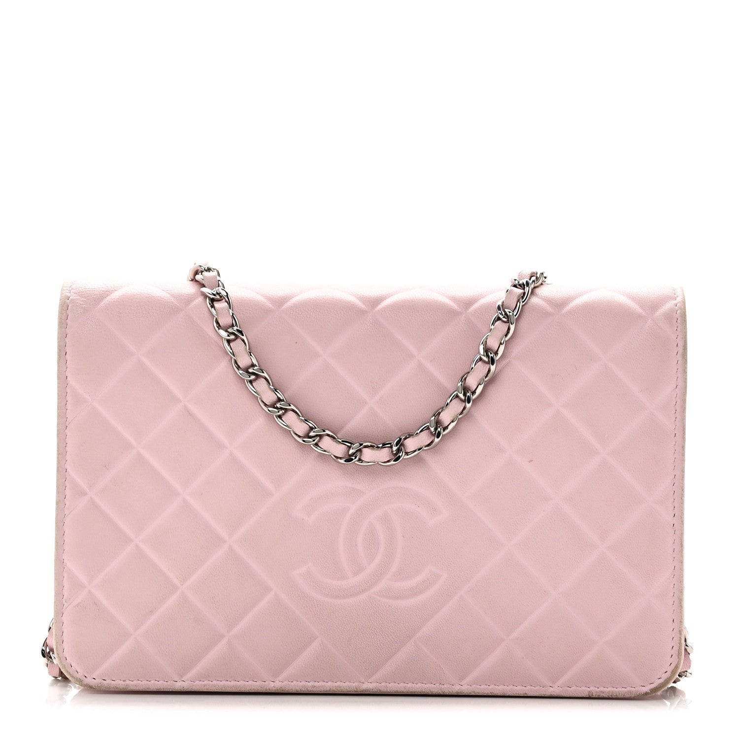 Lambskin Quilted Diamond CC Wallet On Chain WOC Pink