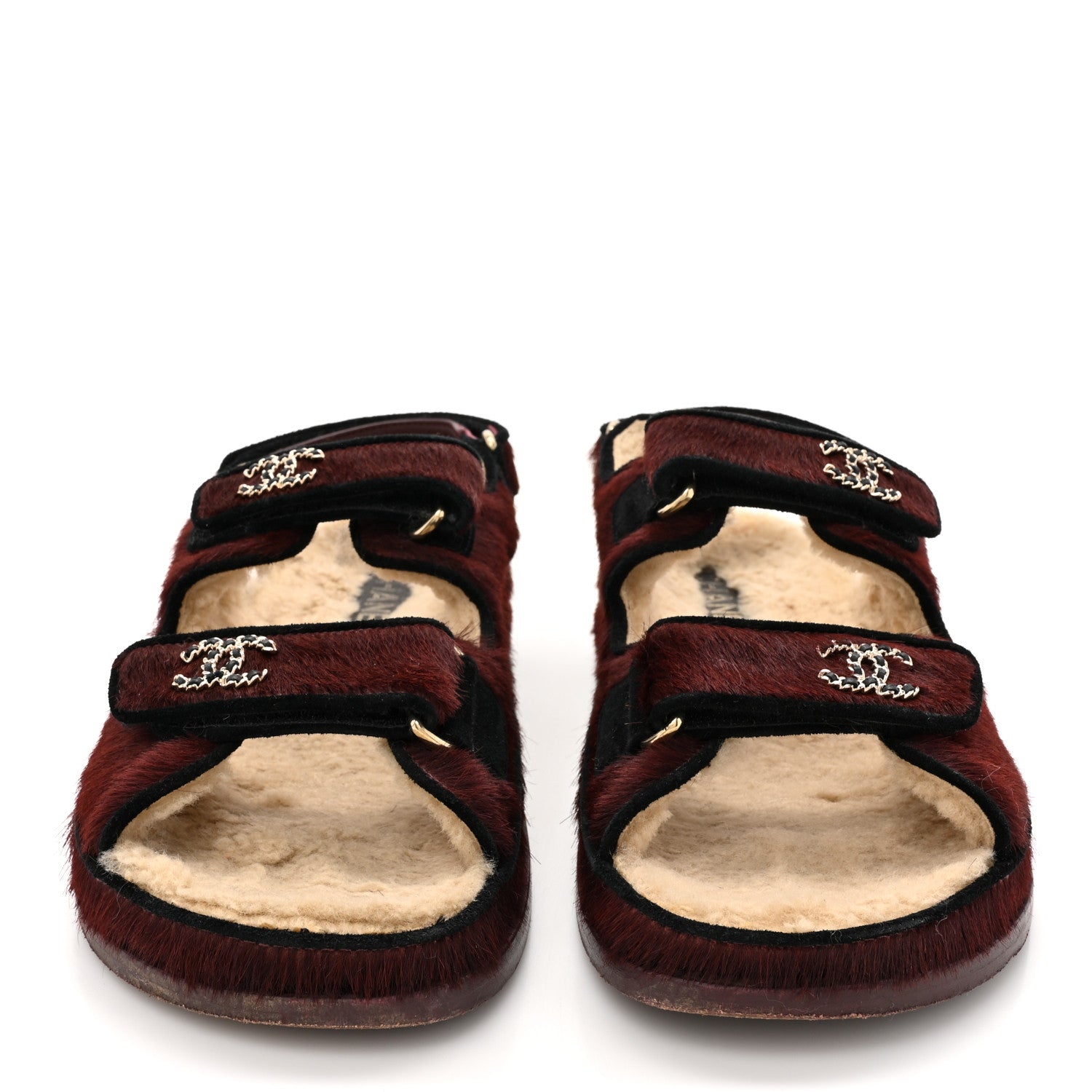 Calf Hair Suede Shearling Dad Sandals 38 Burgundy Black
