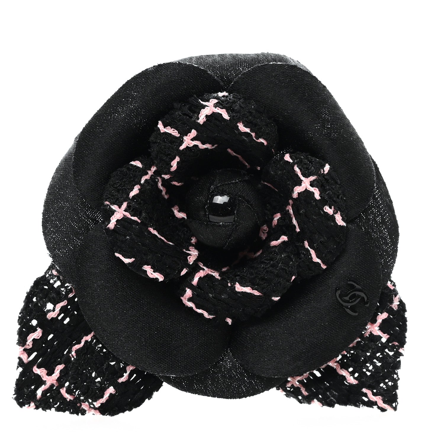 Tweed Camellia Pin Brooch Black Pink