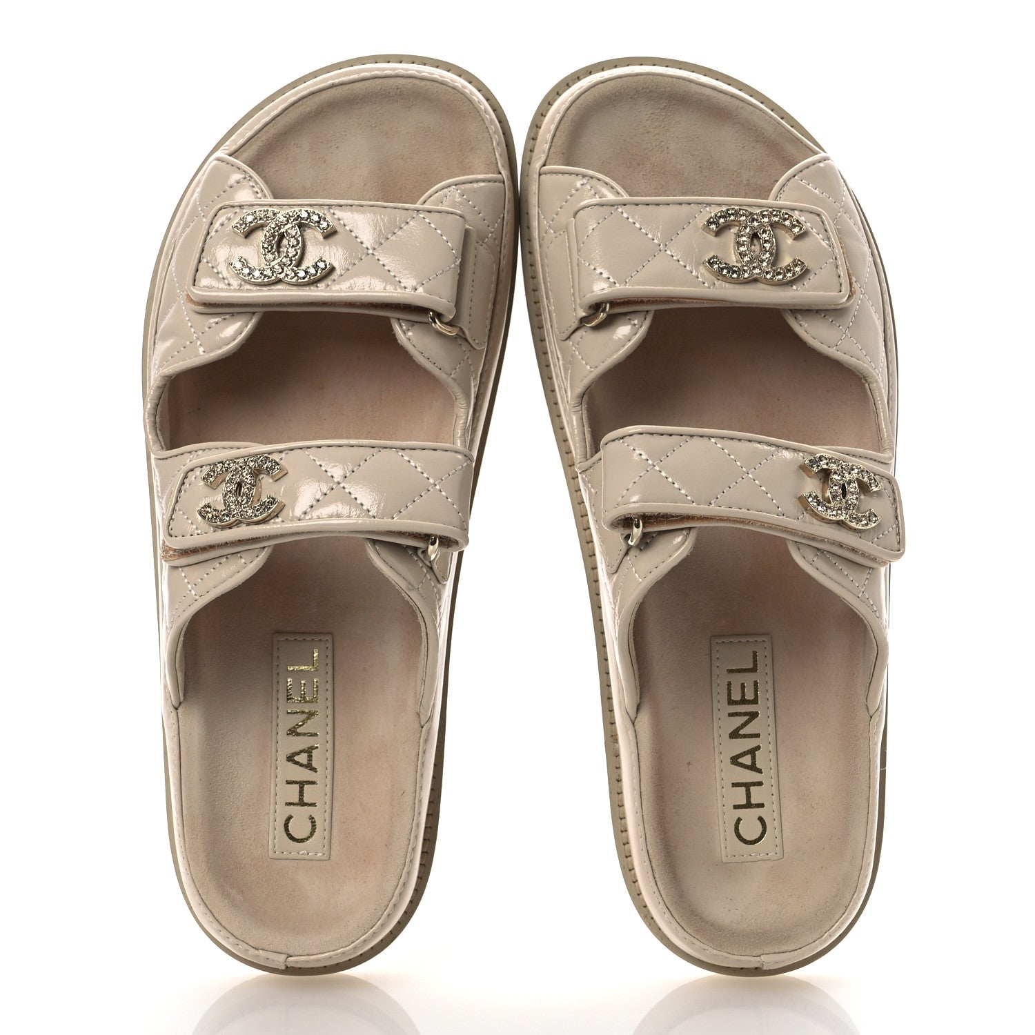 Shiny Calfskin Crystal Quilted Velcro Dad CC Slide Sandals 38 Light Beige